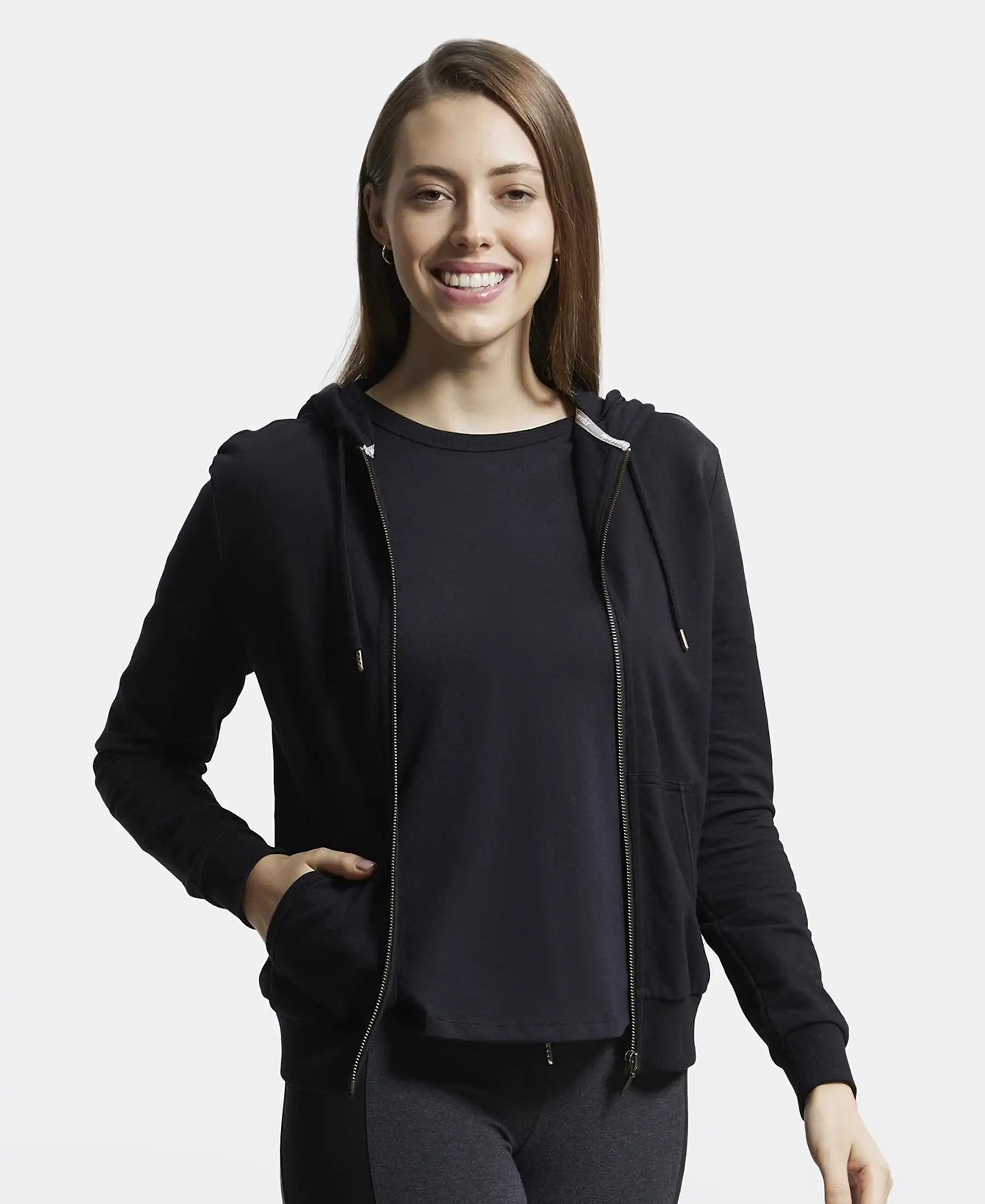 Super Combed Cotton French Terry Fabric Hoodie Jacket with Side Pockets - Black - Image 5