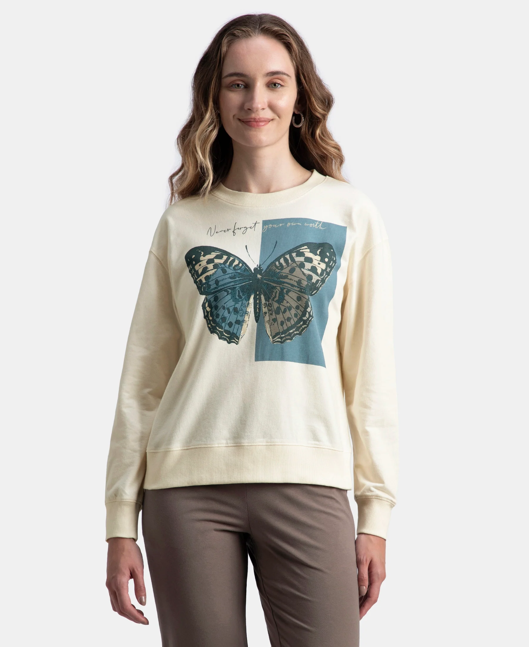 Super Combed Cotton French Terry Fabric Printed Sweatshirt - Antique White