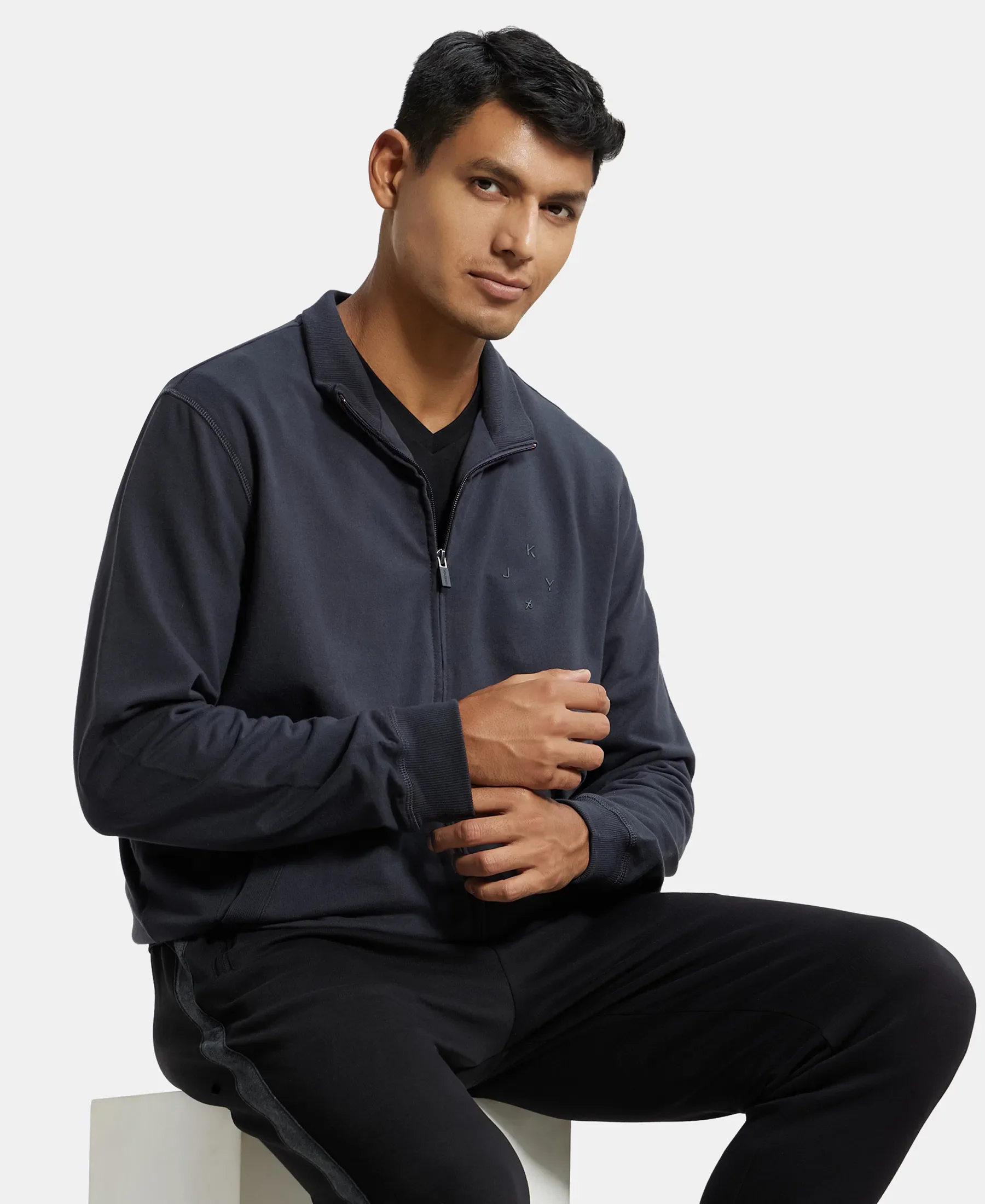 Super Combed Cotton French Terry Jacket with Ribbed Cuffs - Graphite - Image 5