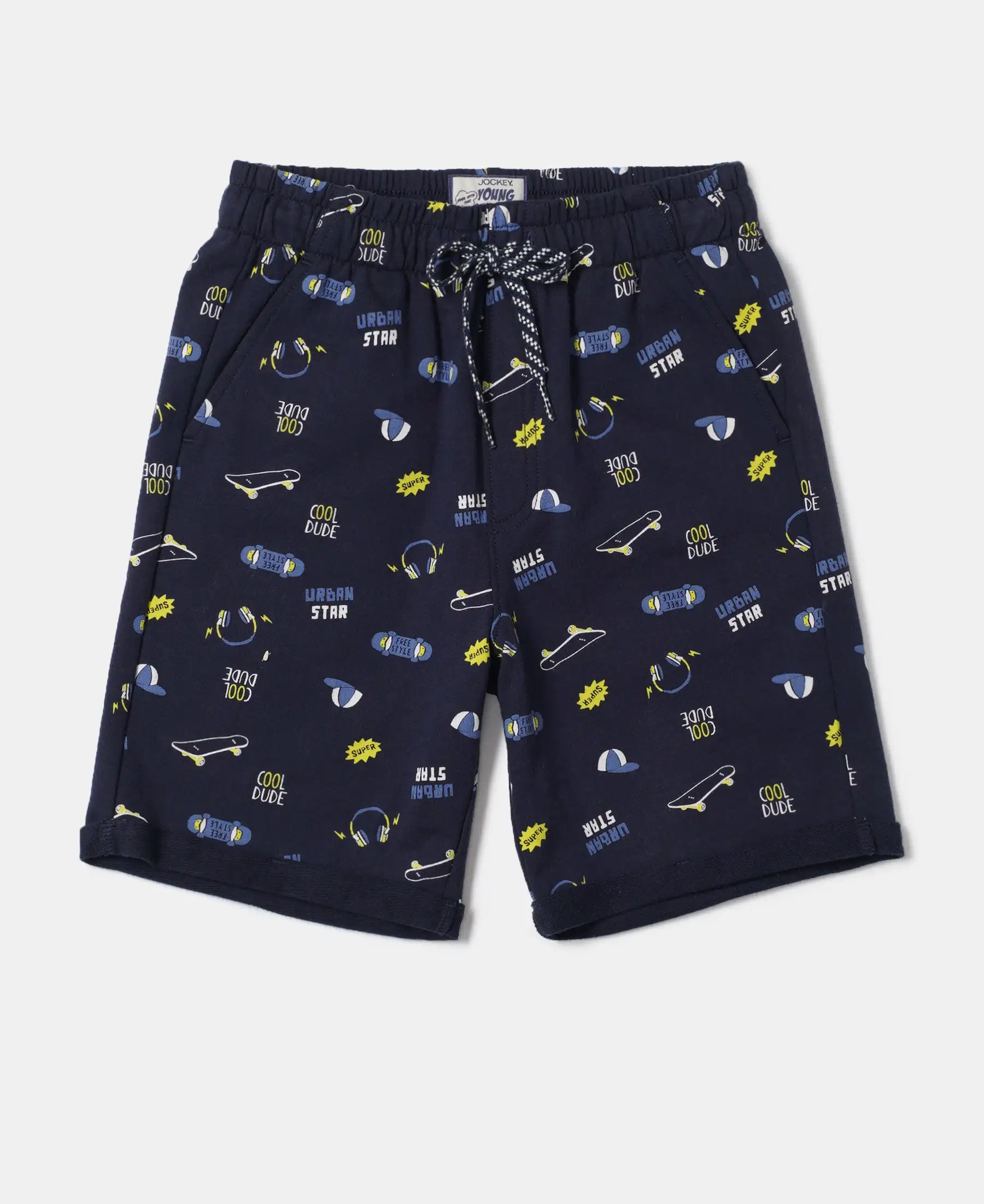 Boy's Super Combed Cotton French Terry Printed Shorts with Turn Up Hem Styling - Navy