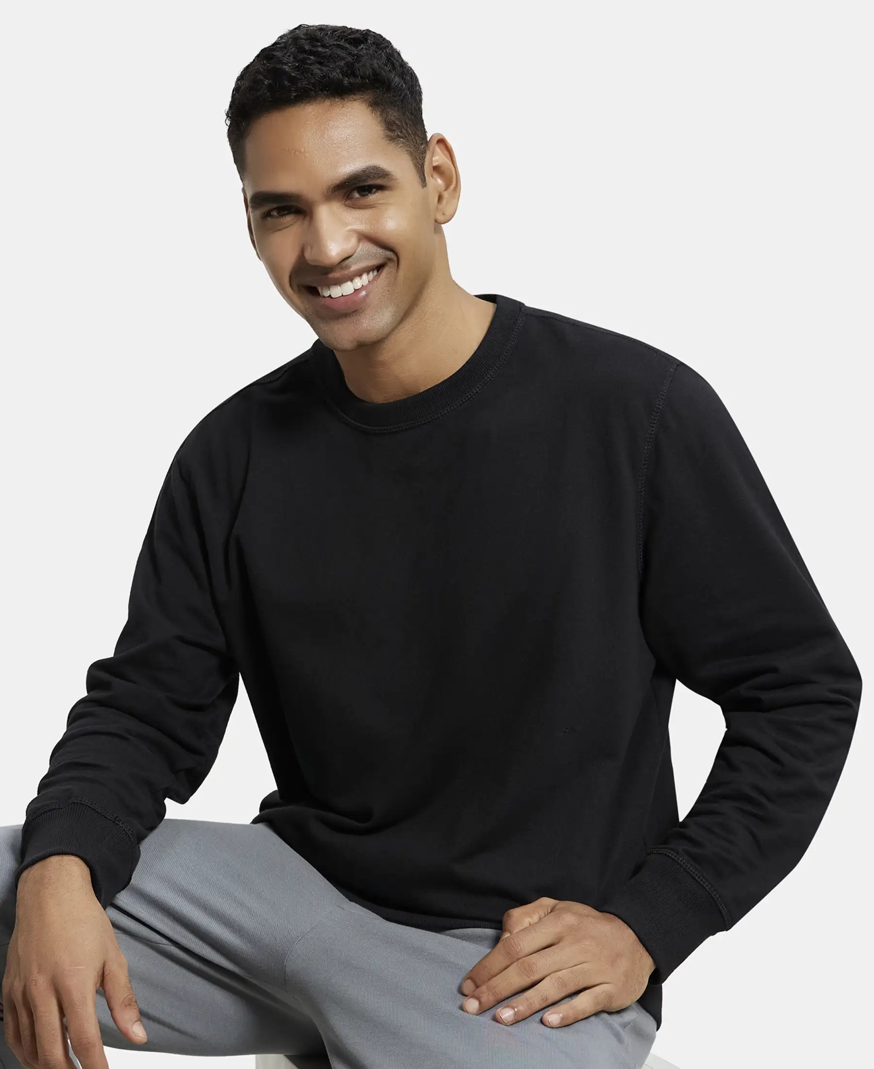 Super Combed Cotton French Terry Solid Sweatshirt with Ribbed Cuffs - Black - Image 5
