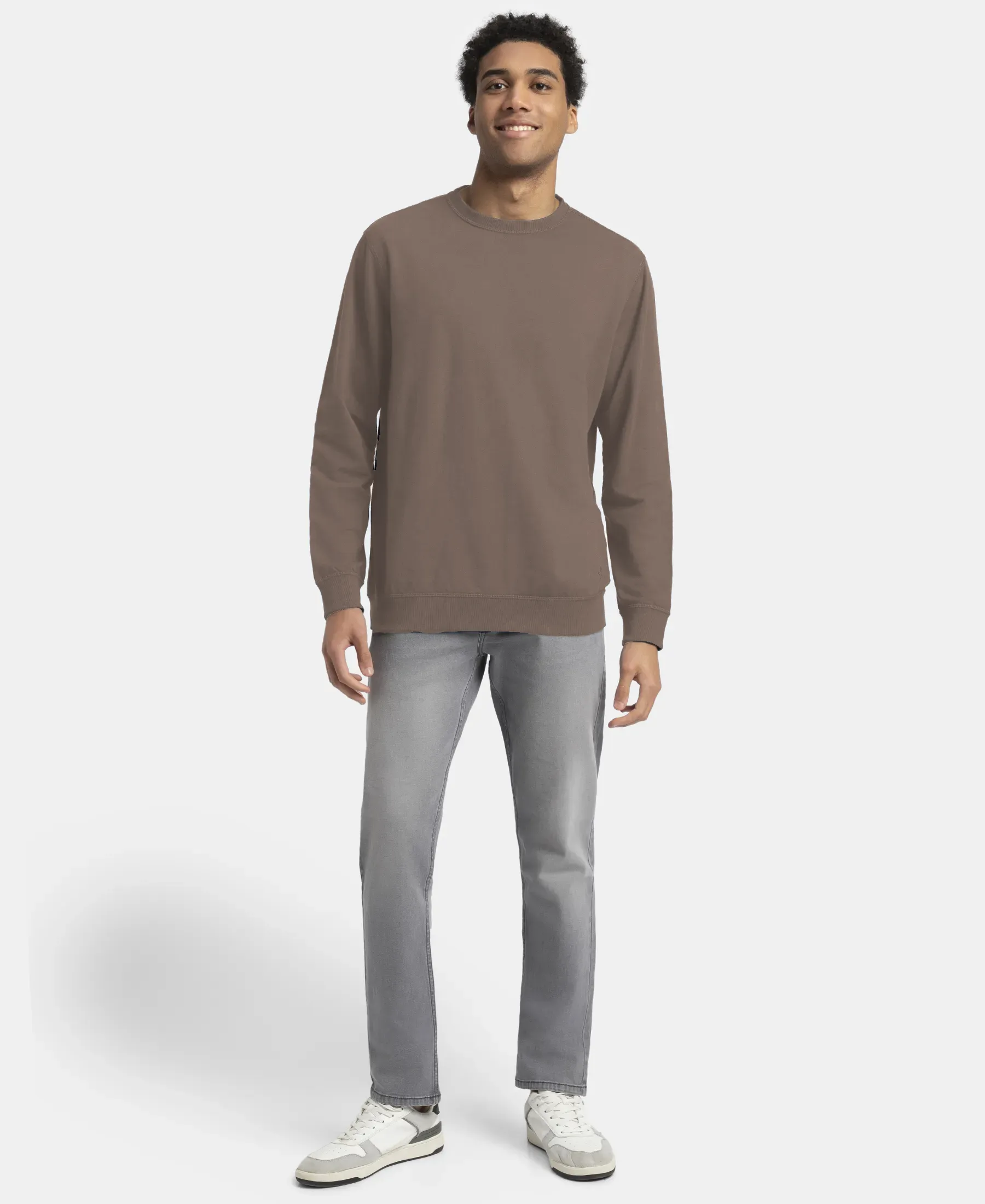 Super Combed Cotton French Terry Solid Sweatshirt with Ribbed Cuffs - Dark Khaki - Image 4