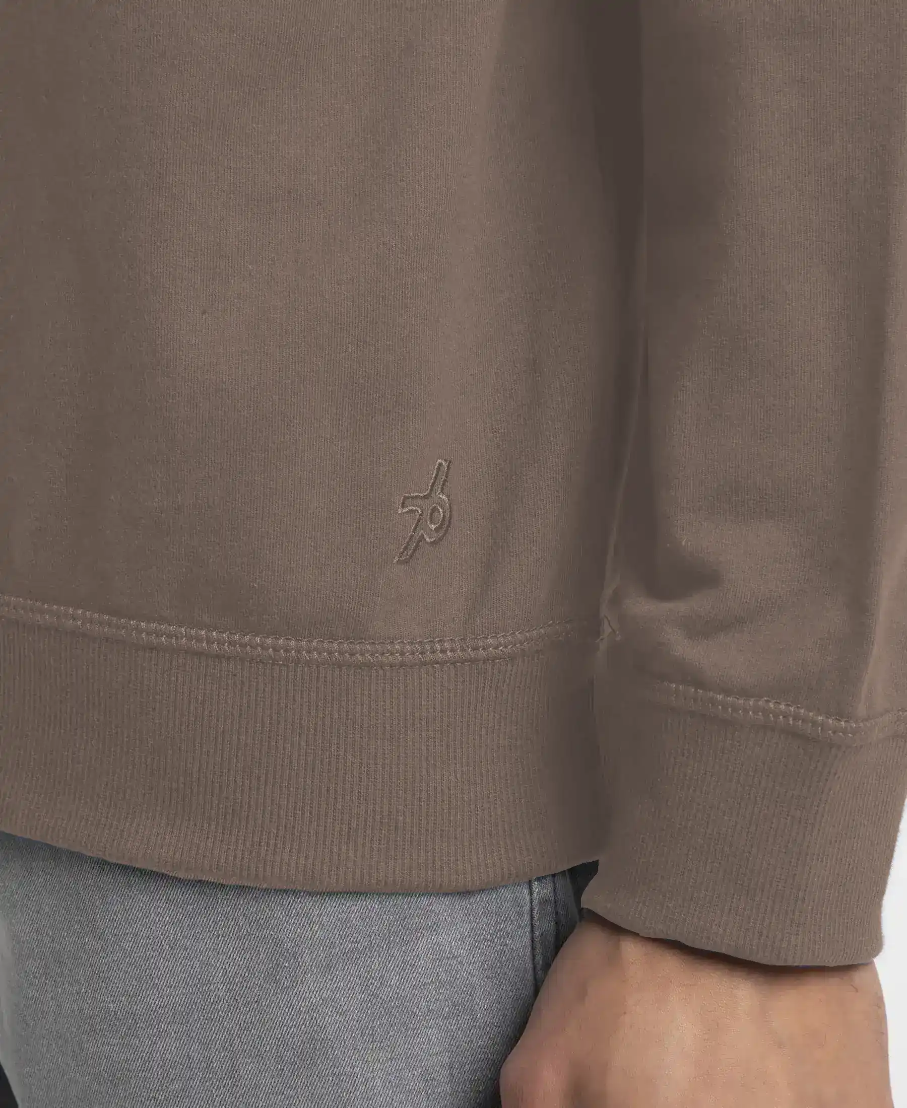Super Combed Cotton French Terry Solid Sweatshirt with Ribbed Cuffs - Dark Khaki - Image 7