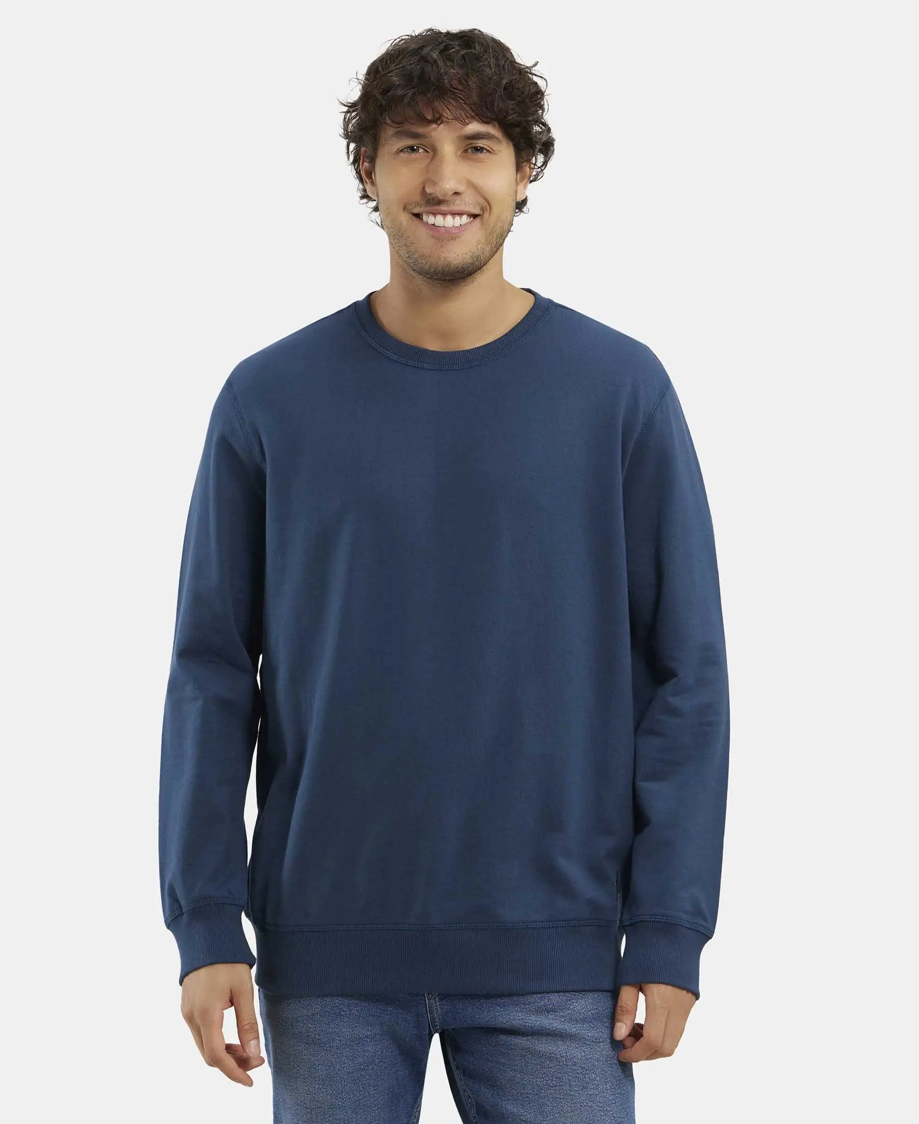 Super Combed Cotton French Terry Solid Sweatshirt with Ribbed Cuffs - Petrol