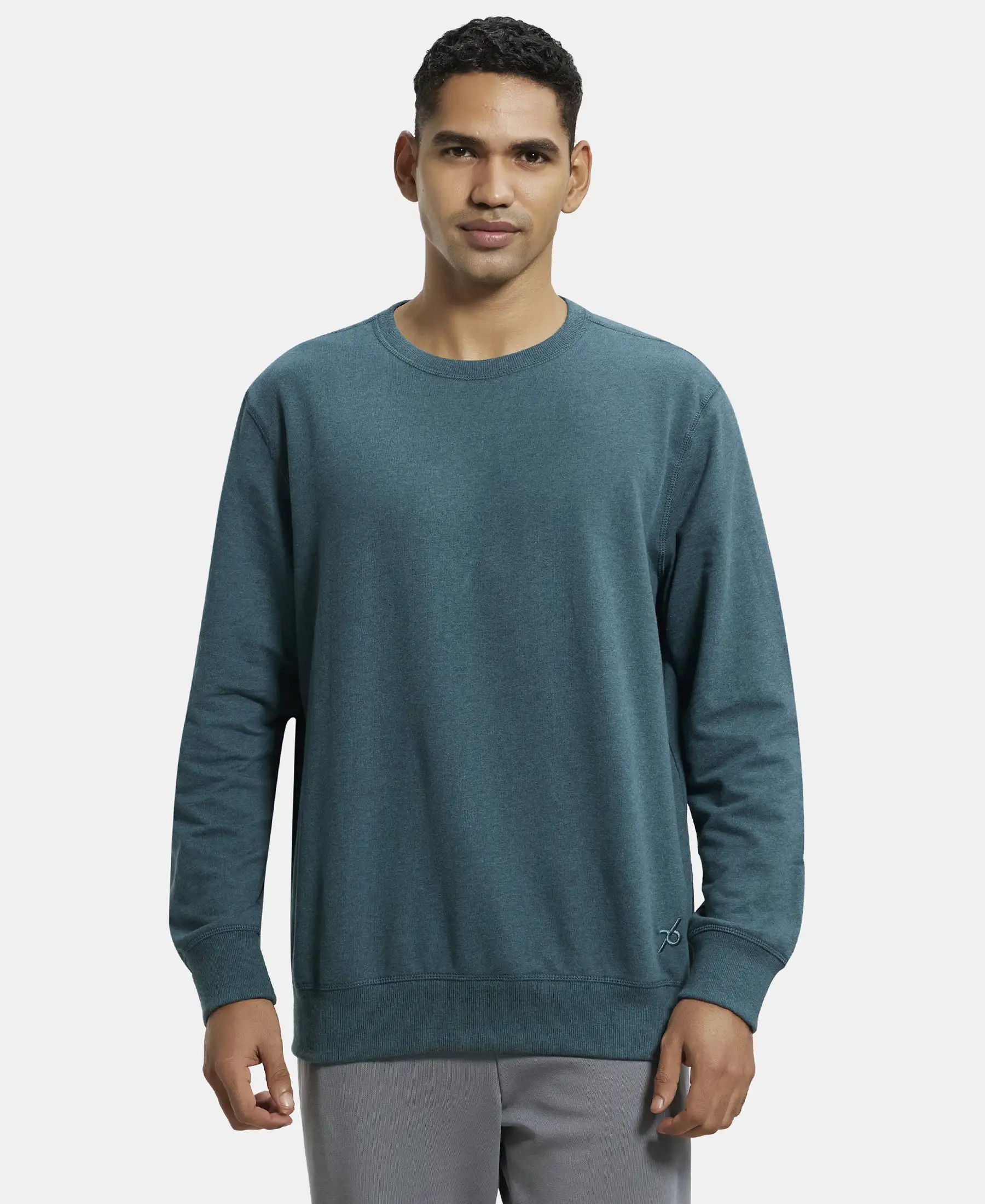 Super Combed Cotton French Terry Solid Sweatshirt with Ribbed Cuffs - Pine Melange