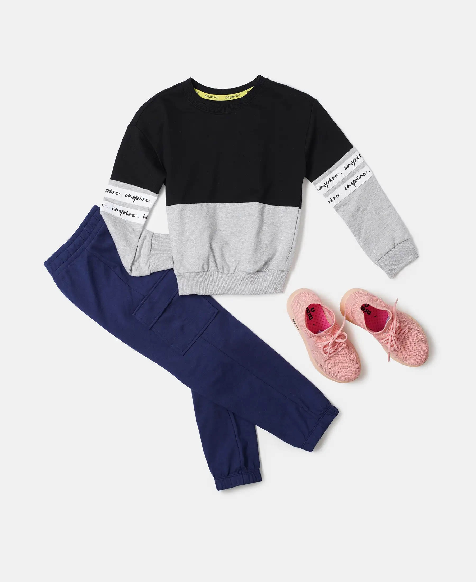 Girl's Super Combed Cotton French Terry Sweatshirt with Contrast Sleeve Taping - Black - Image 4