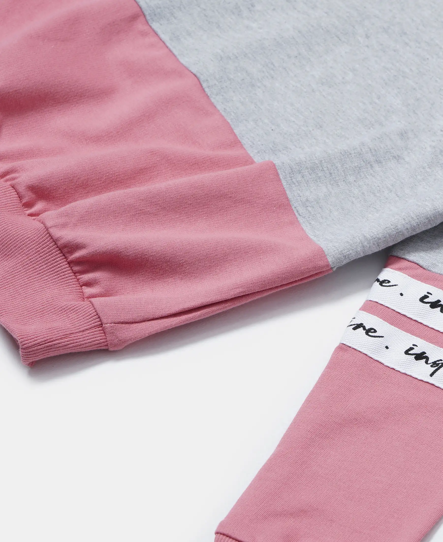 Girl's Super Combed Cotton French Terry Sweatshirt with Contrast Sleeve Taping - Light Grey Melange - Image 3