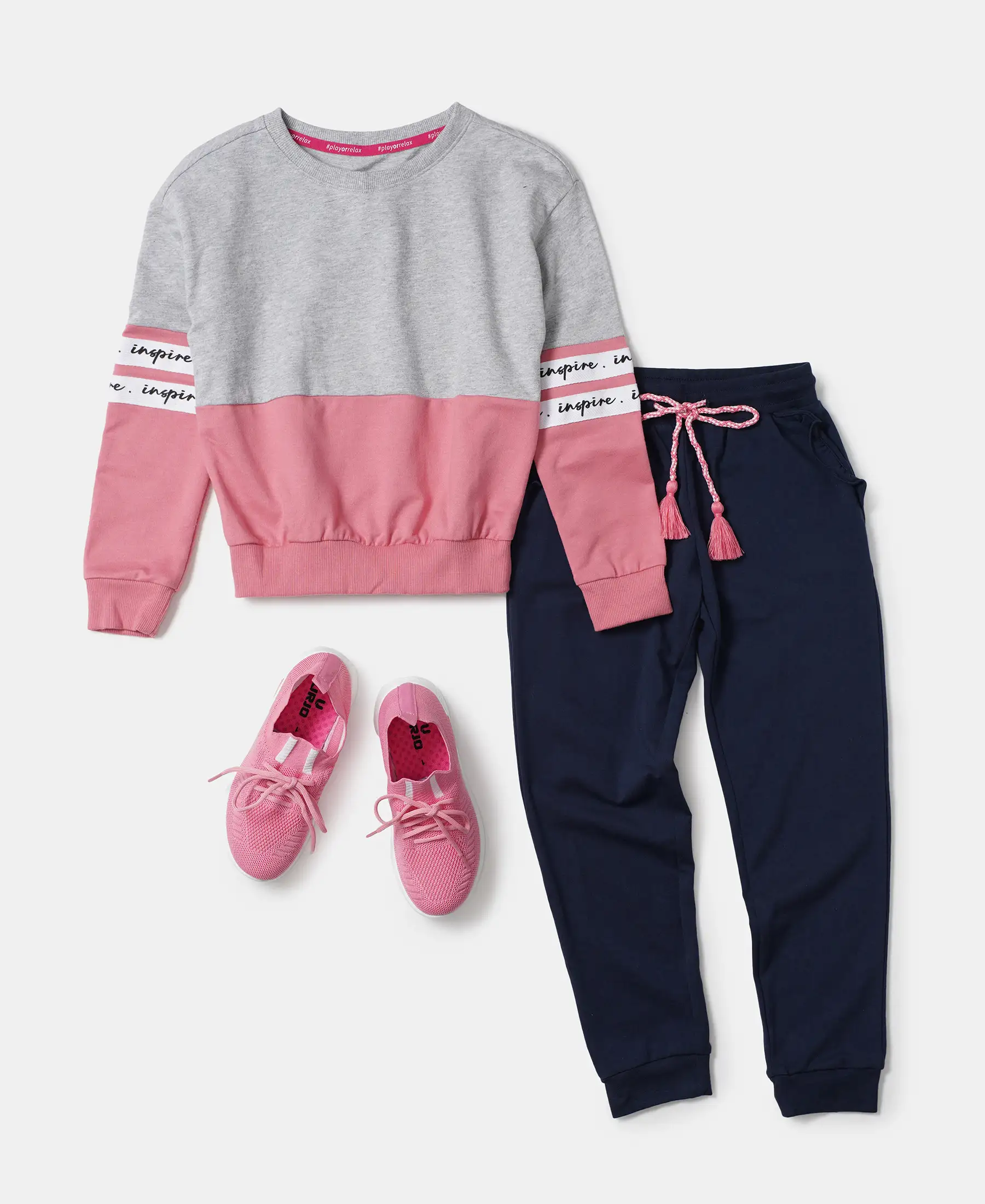 Girl's Super Combed Cotton French Terry Sweatshirt with Contrast Sleeve Taping - Light Grey Melange - Image 4