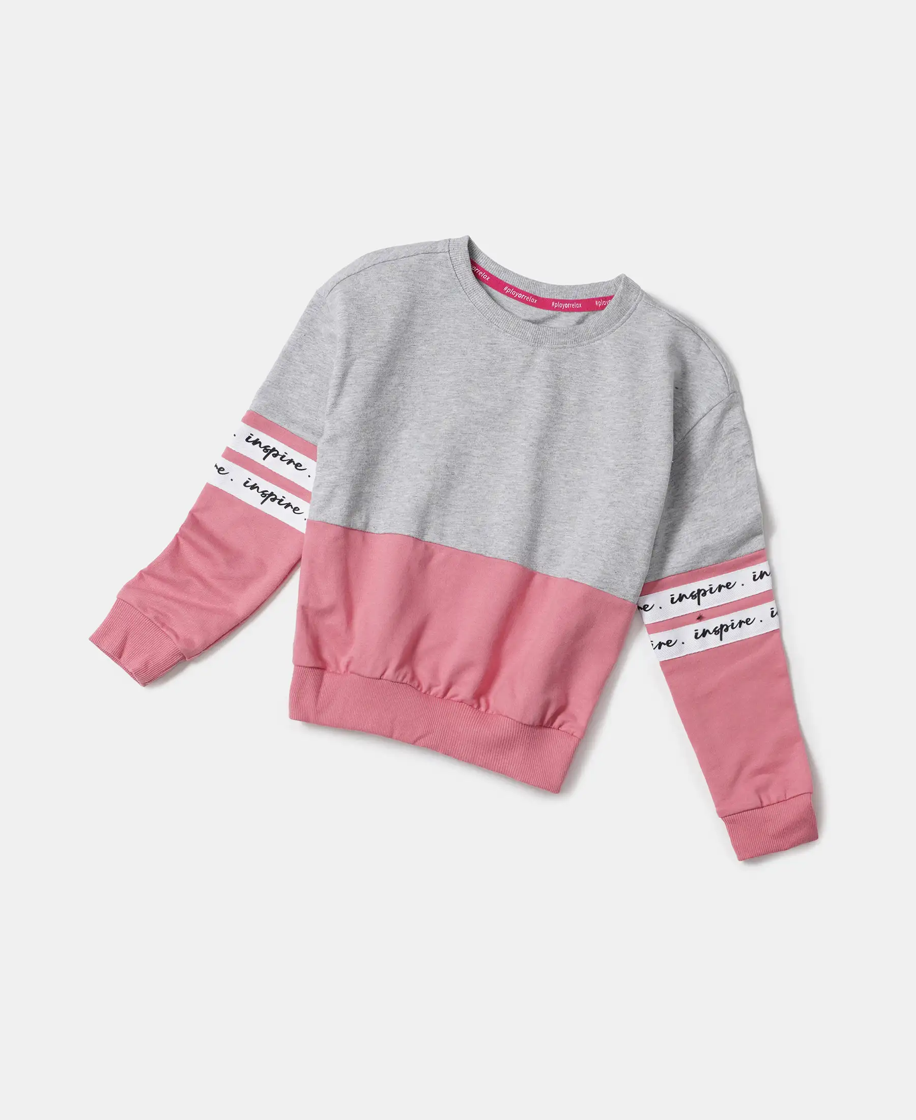 Girl's Super Combed Cotton French Terry Sweatshirt with Contrast Sleeve Taping - Light Grey Melange - Image 5