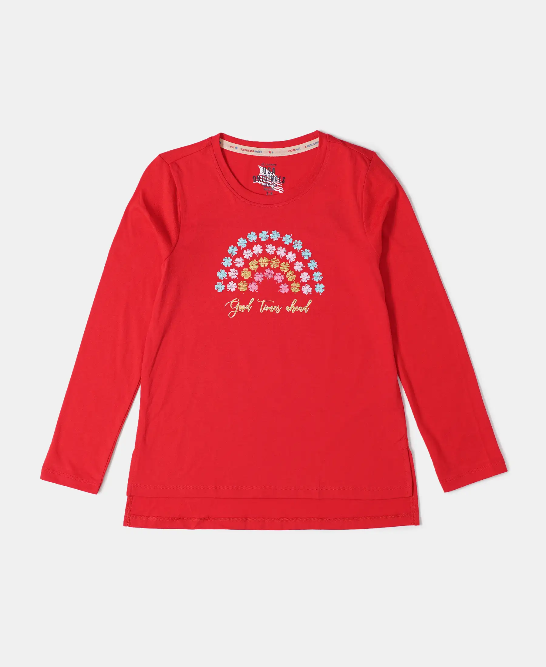 Girl's Super Combed Cotton Graphic Printed Full Sleeve T-Shirt - Rio Red