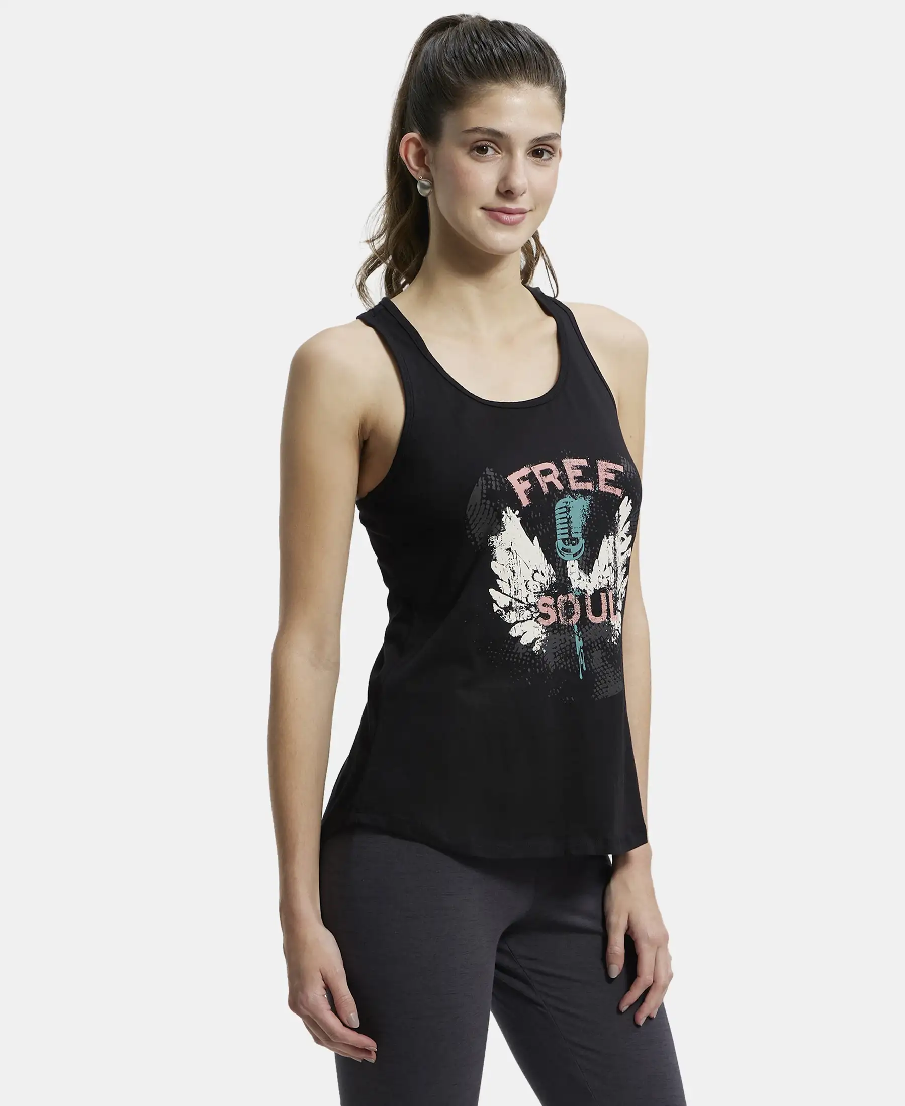Super Combed Cotton Graphic Printed Racerback Styled Tank Top - Black - Image 2