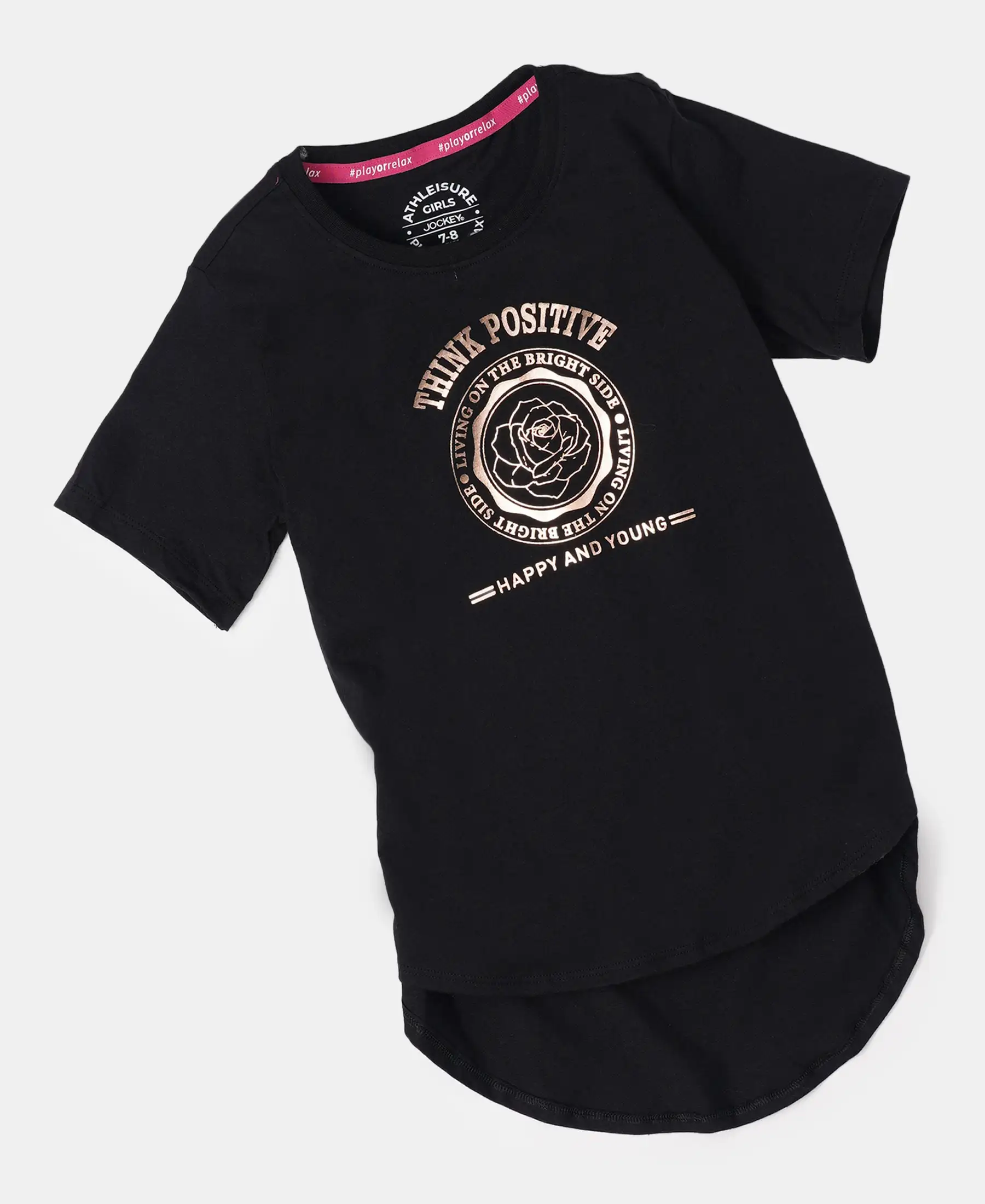 Girl's Super Combed Cotton Graphic Printed Short Sleeve T-Shirt with Hi Low Hem - Black - Image 5