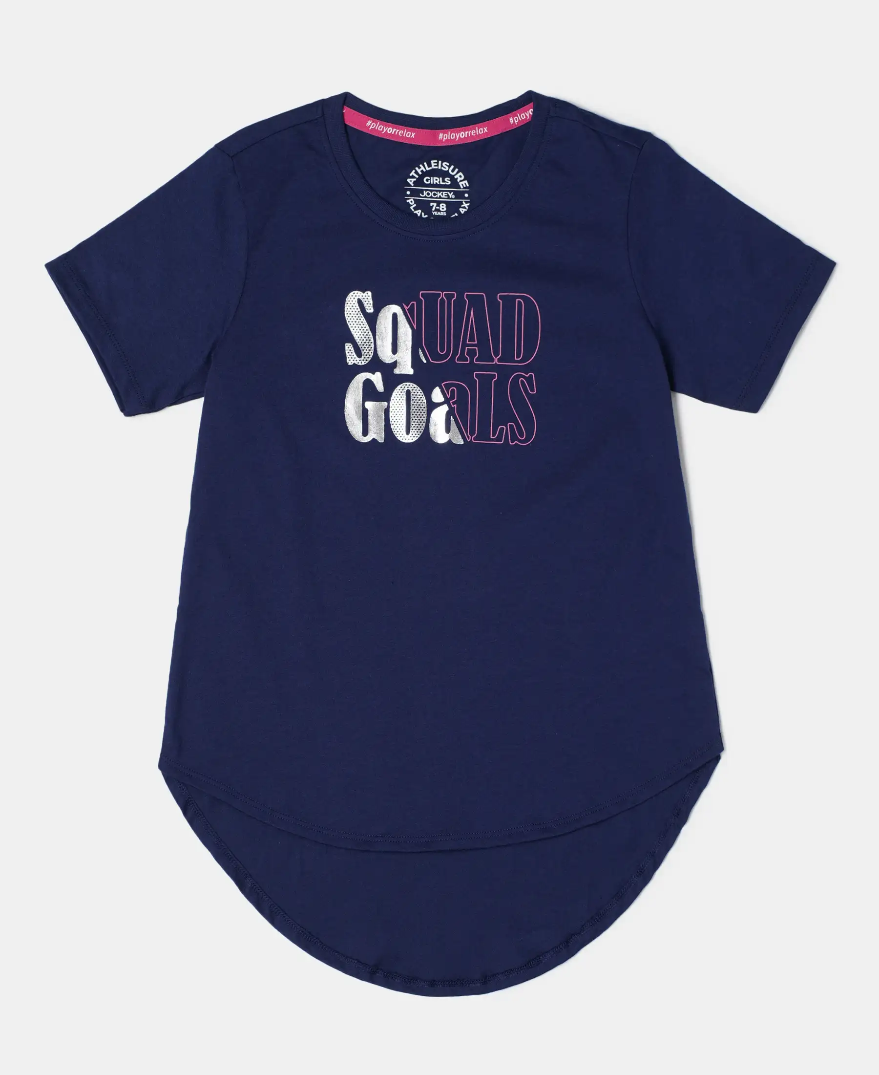 Girl's Super Combed Cotton Graphic Printed Short Sleeve T-Shirt with Hi Low Hem - Imperial Blue