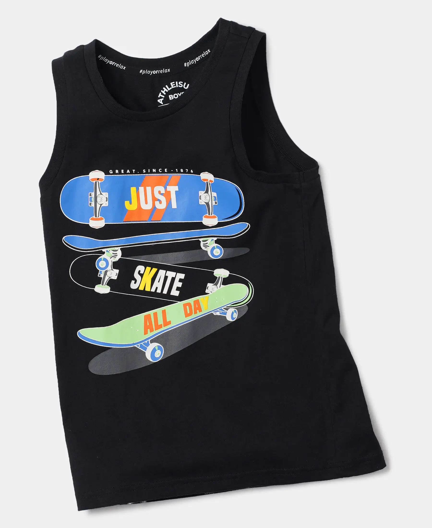 Boy's Super Combed Cotton Graphic Printed Tank Top - Black - Image 5