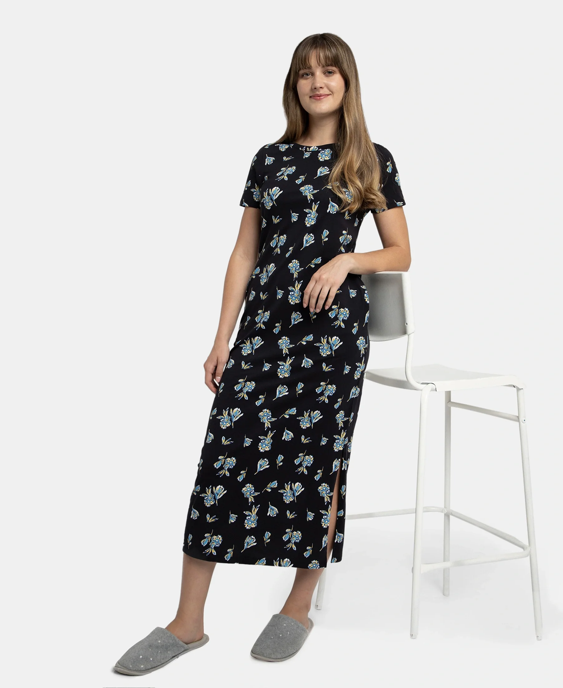 Super Combed Cotton Long Length Printed Lounge Dress - Black - Image 5