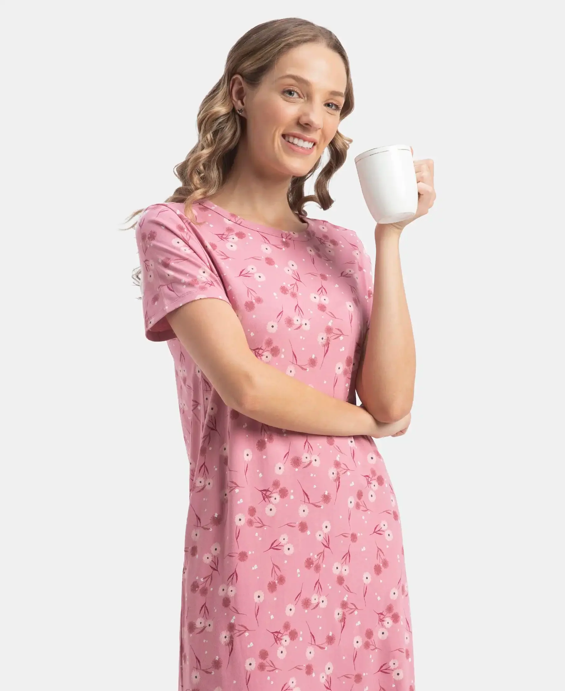Super Combed Cotton Long Length Printed Lounge Dress - Cashmere Rose - Image 5