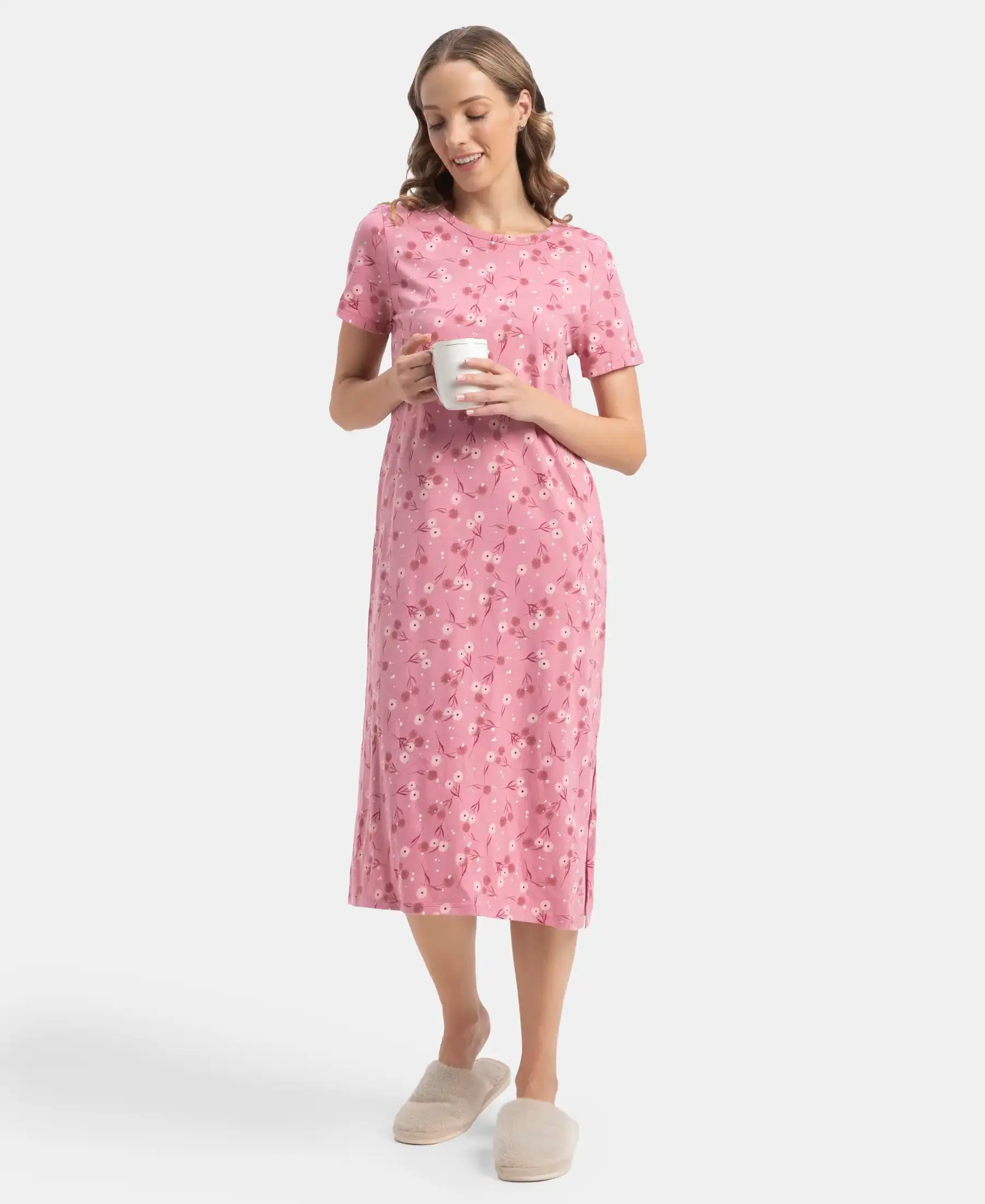 Super Combed Cotton Long Length Printed Lounge Dress - Cashmere Rose - Image 6