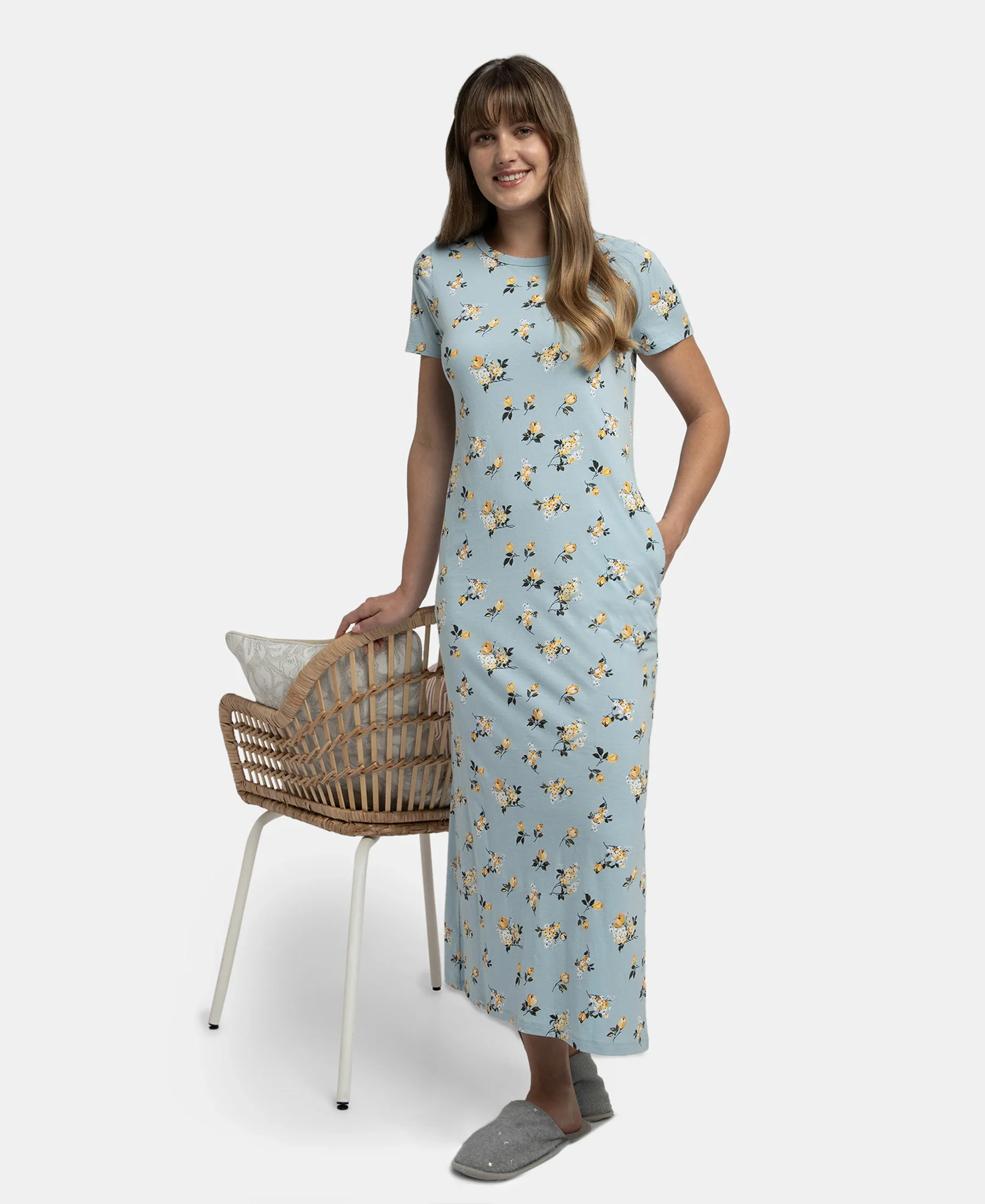 Super Combed Cotton Long Length Printed Lounge Dress - Forget Me Not - Image 5
