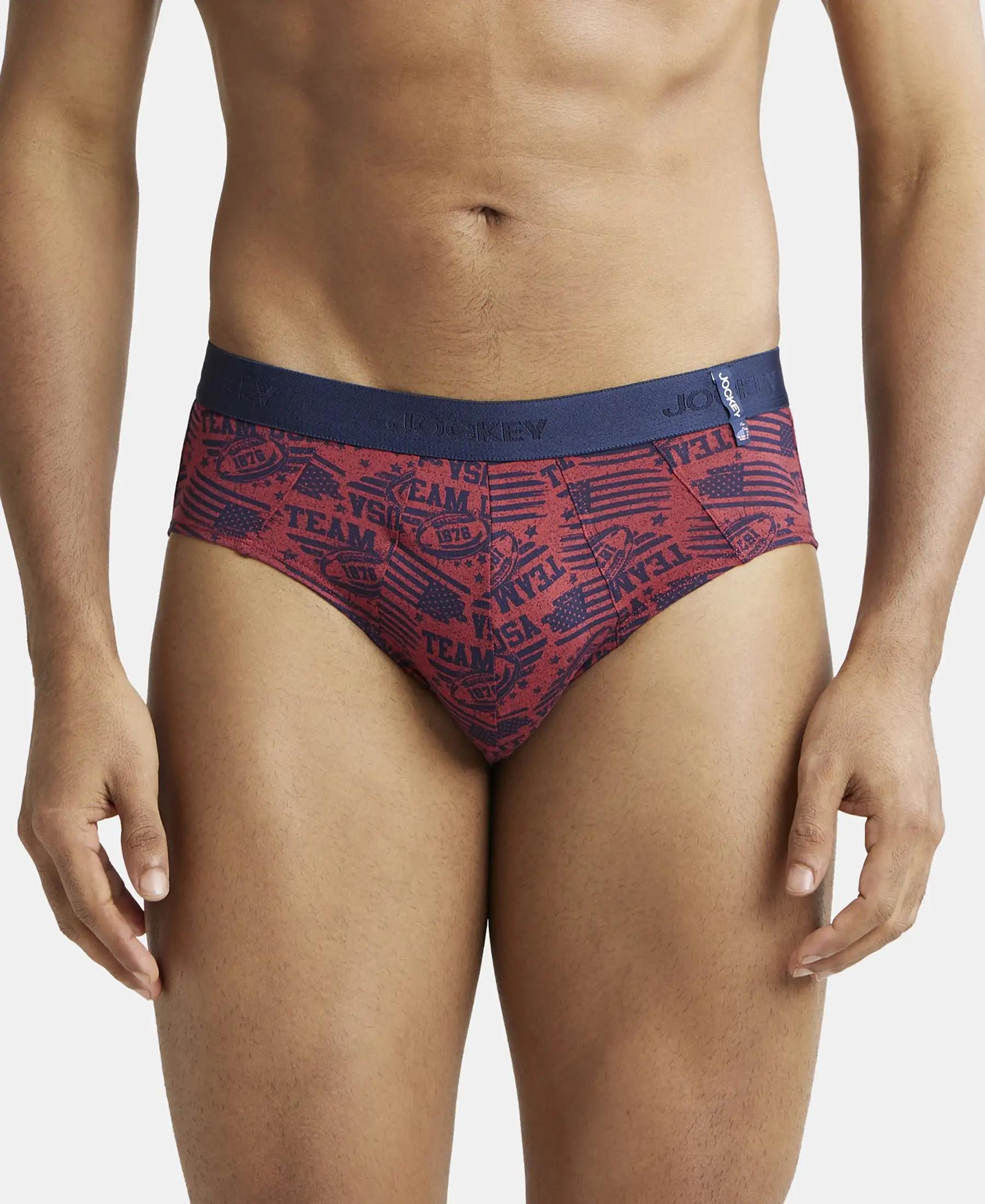 Super Combed Cotton Printed Brief with Ultrasoft Waistband - Navy & Brick Red (Pack of 2) - Image 2
