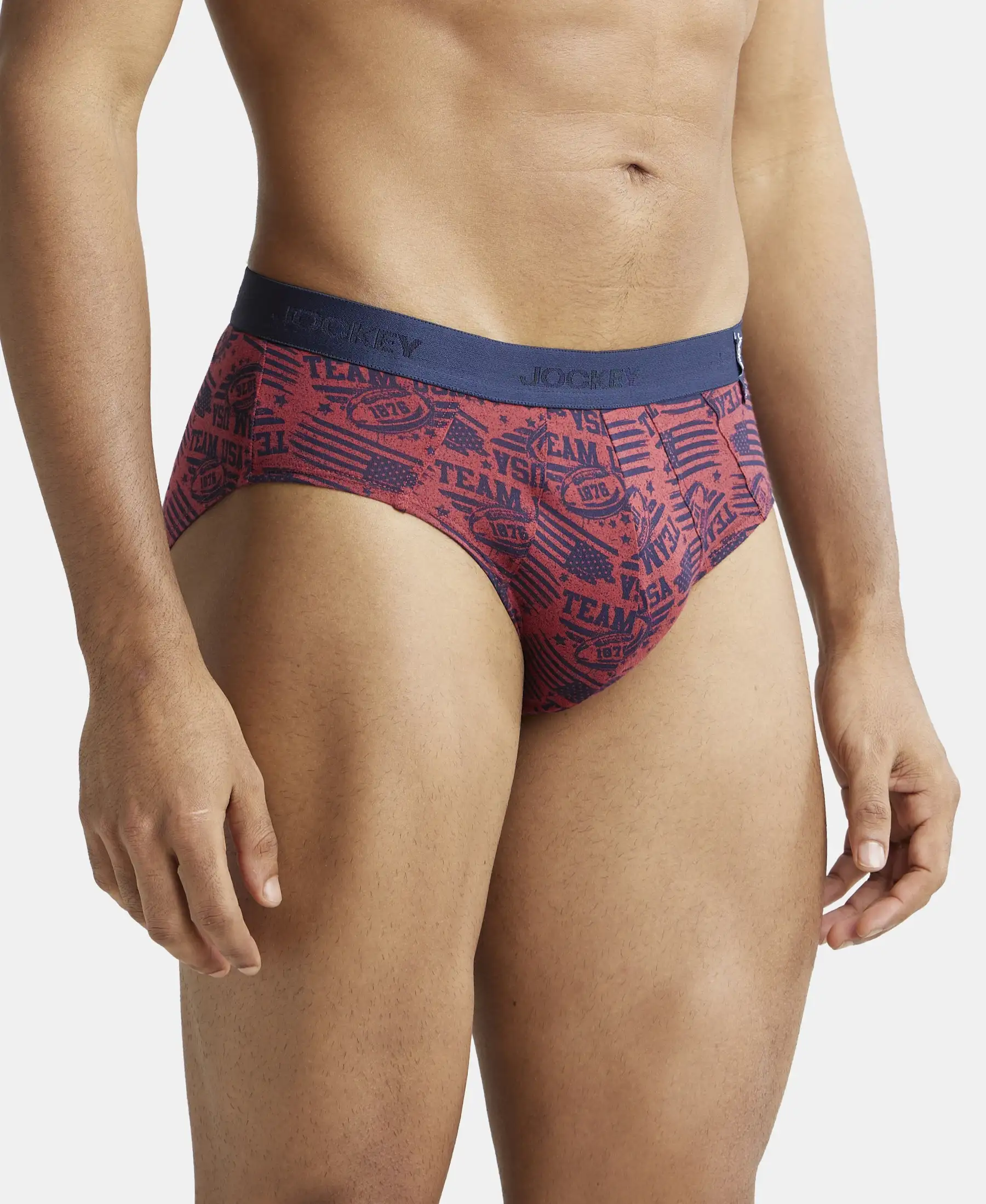 Super Combed Cotton Printed Brief with Ultrasoft Waistband - Navy & Brick Red (Pack of 2) - Image 3