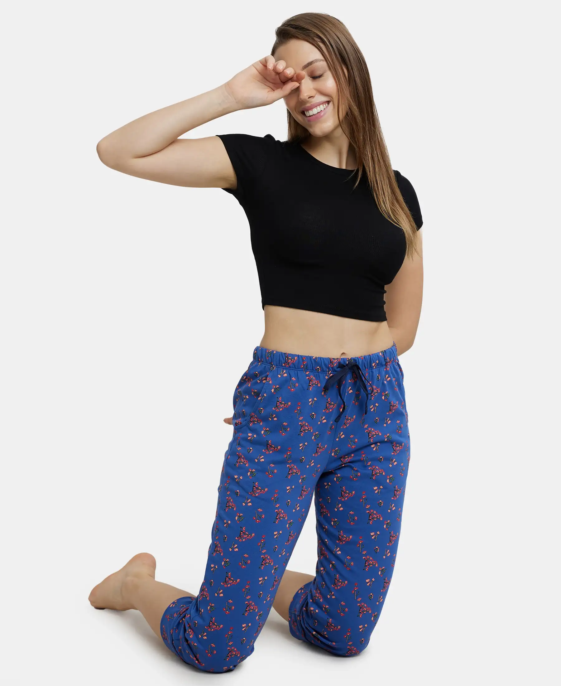 Super Combed Cotton Printed Elastane Slim Fit Capri with Ultrasoft Waistband - Blue Quartz - Image 6