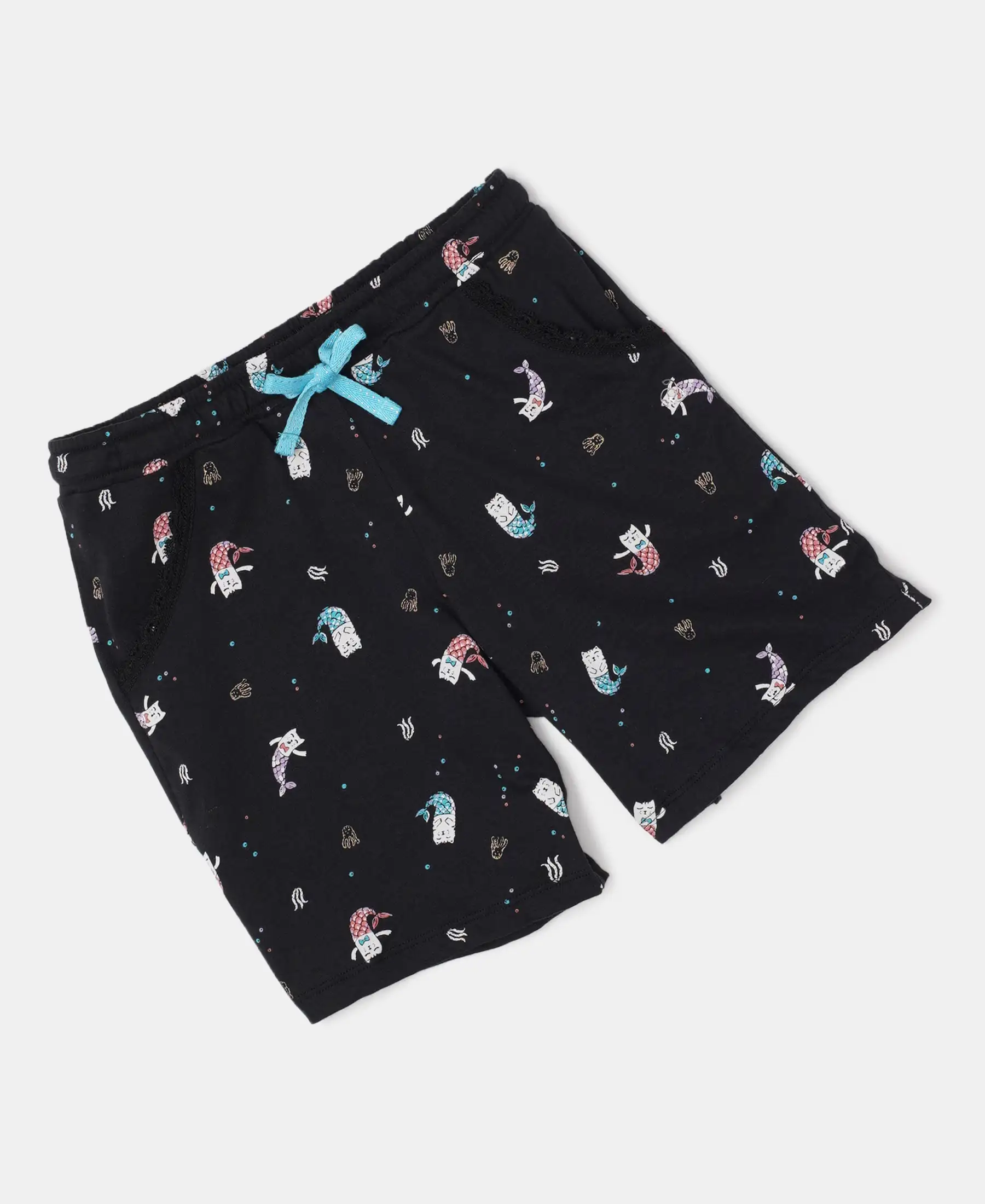 Girl's Super Combed Cotton Printed Shorts - Black Printed - Image 5