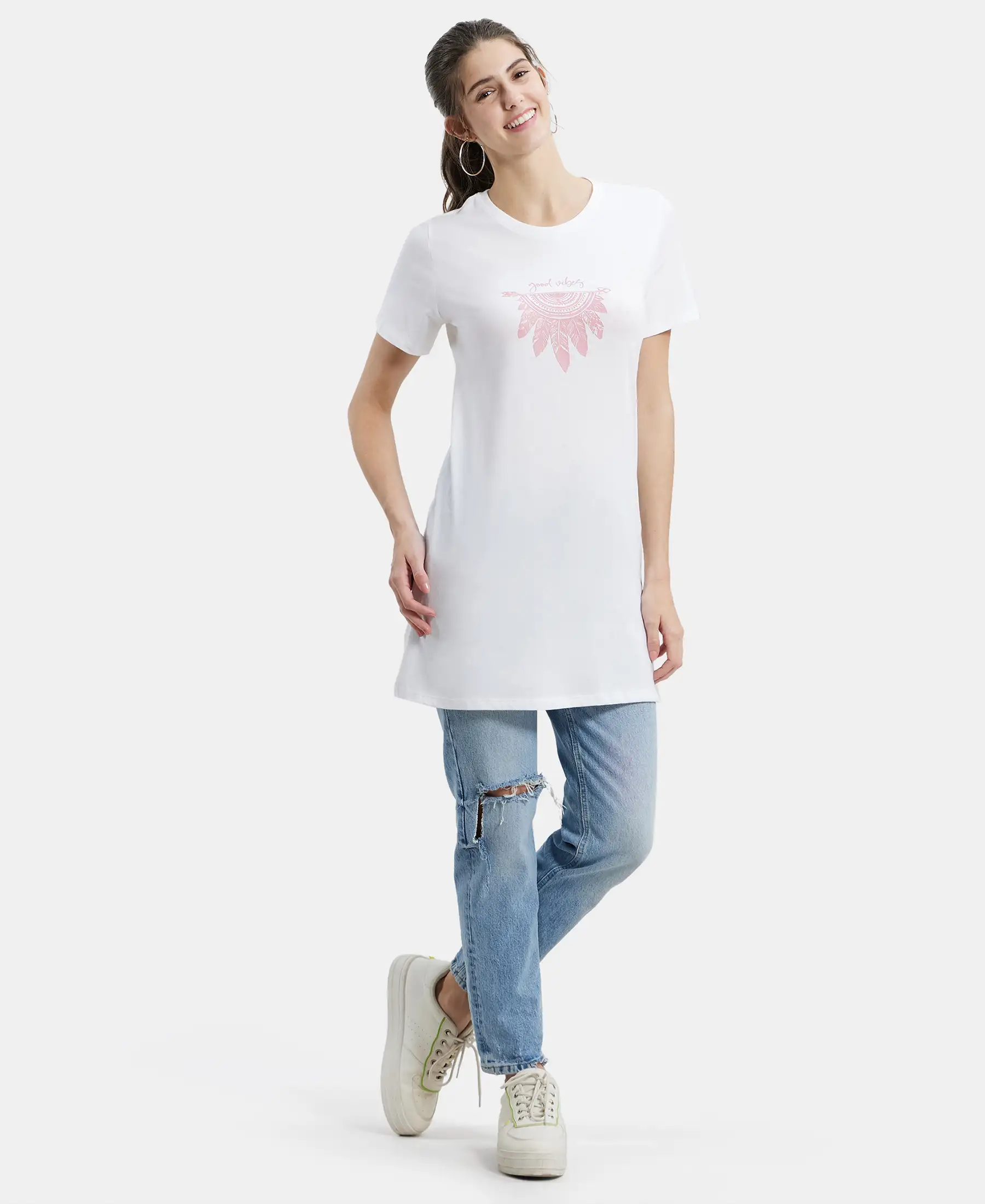 Super Combed Cotton Relaxed Fit Graphic Printed Half Sleeve Long Length T-Shirt - White Assorted Prints - Image 4