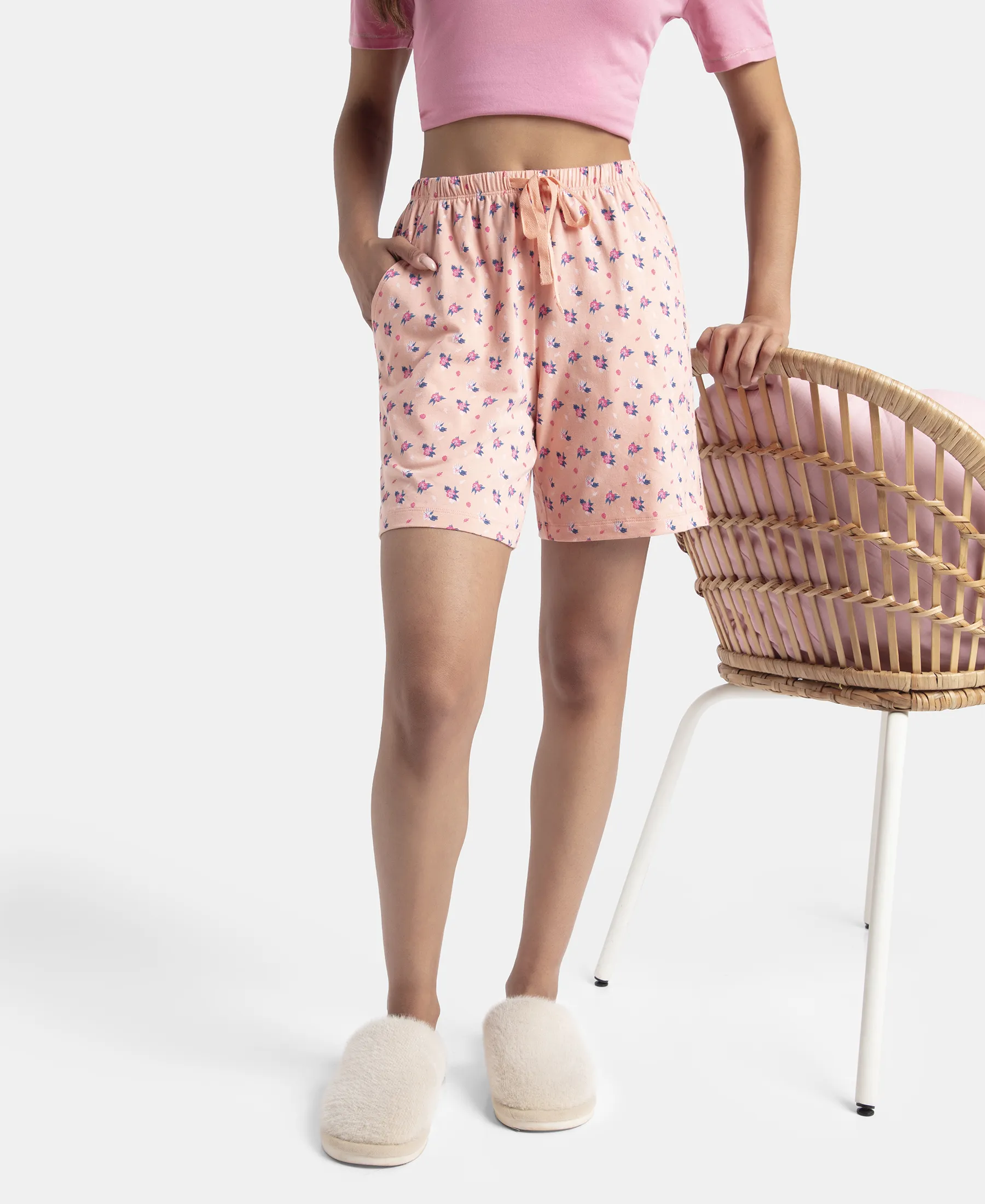 Super Combed Cotton Relaxed Fit Printed Sleep Shorts with Side Pockets - Coral Almond - Image 5