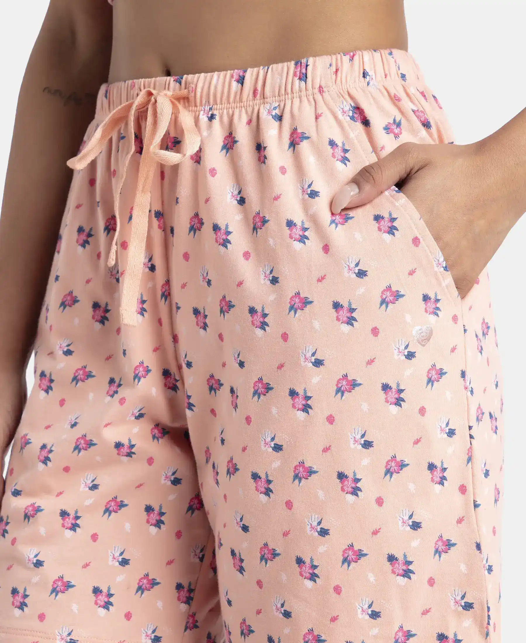 Super Combed Cotton Relaxed Fit Printed Sleep Shorts with Side Pockets - Coral Almond - Image 6