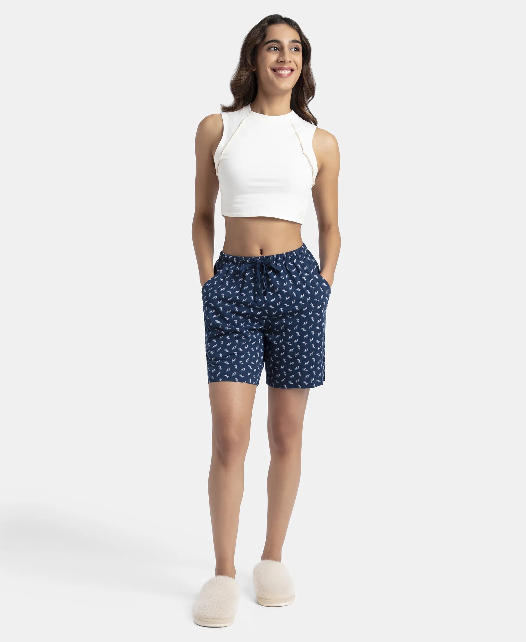 Super Combed Cotton Relaxed Fit Printed Sleep Shorts with Side Pockets - Pageant Blue - Image 4