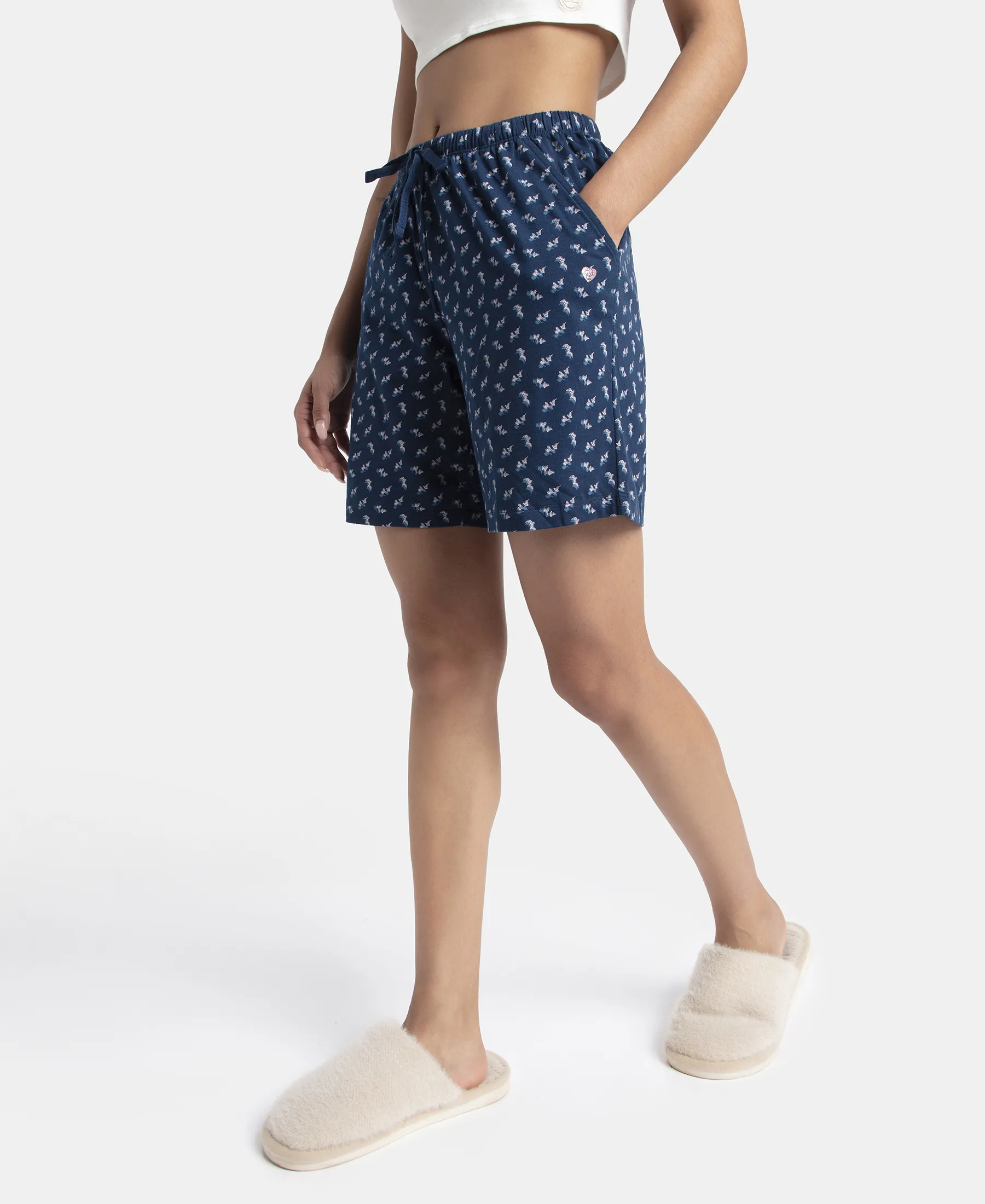 Super Combed Cotton Relaxed Fit Printed Sleep Shorts with Side Pockets - Pageant Blue - Image 5