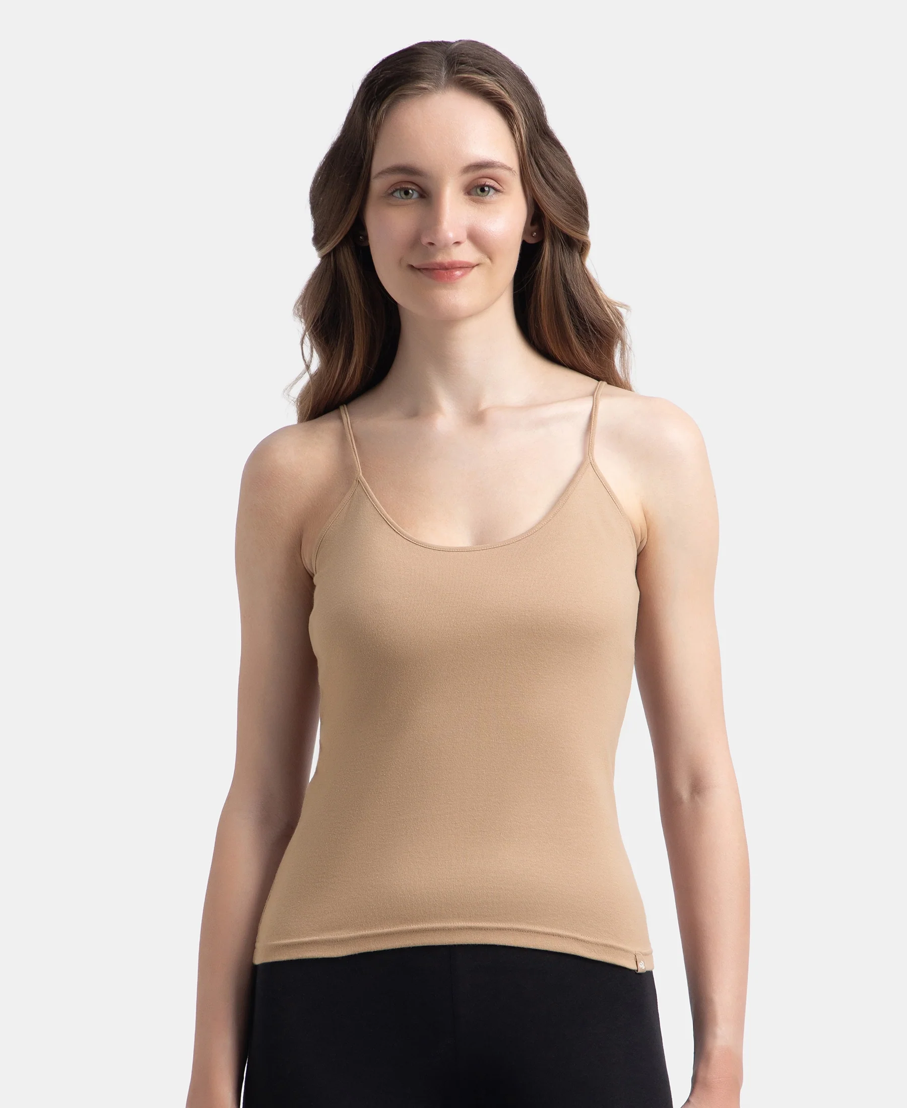 Super Combed Cotton Rib Camisole with Adjustable Straps and StayFresh Treatment - Black & Almondine (Pack of 2) - Image 2