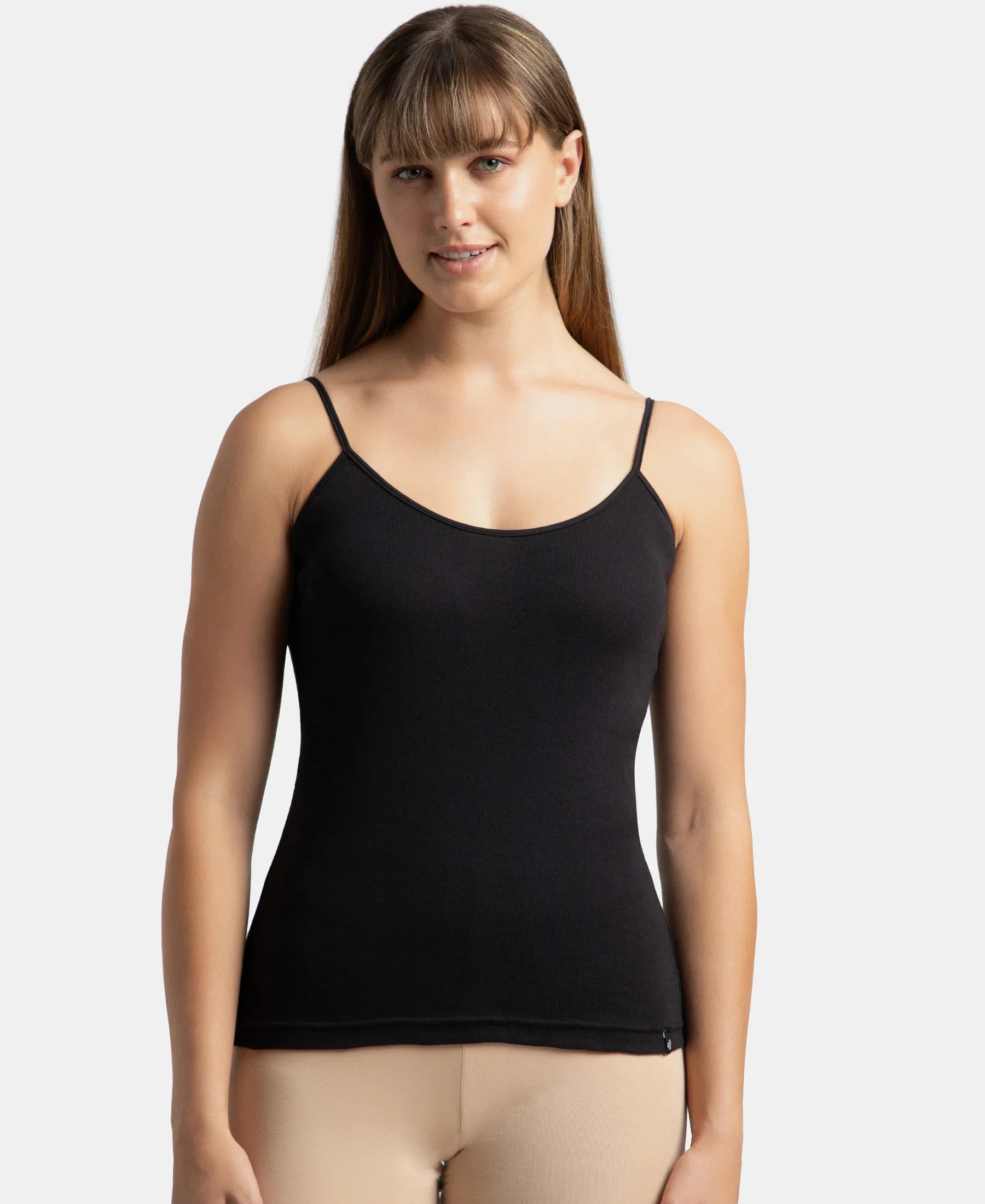Super Combed Cotton Rib Camisole with Adjustable Straps and StayFresh Treatment - Black & Almondine (Pack of 2) - Image 3