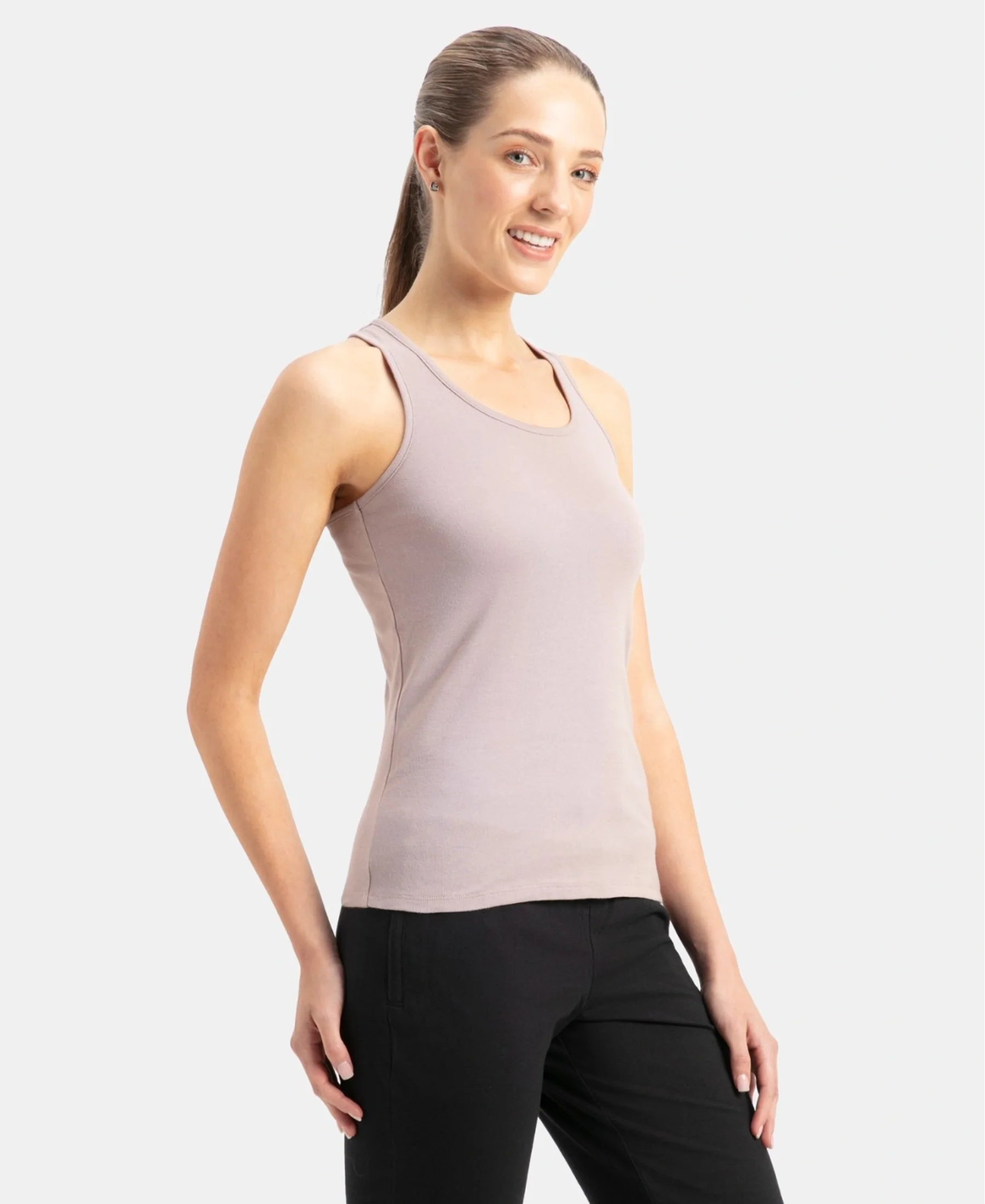 Super Combed Cotton Rib Fabric Slim Fit Solid Racerback Styled Tank Top - Mocha - Image 2