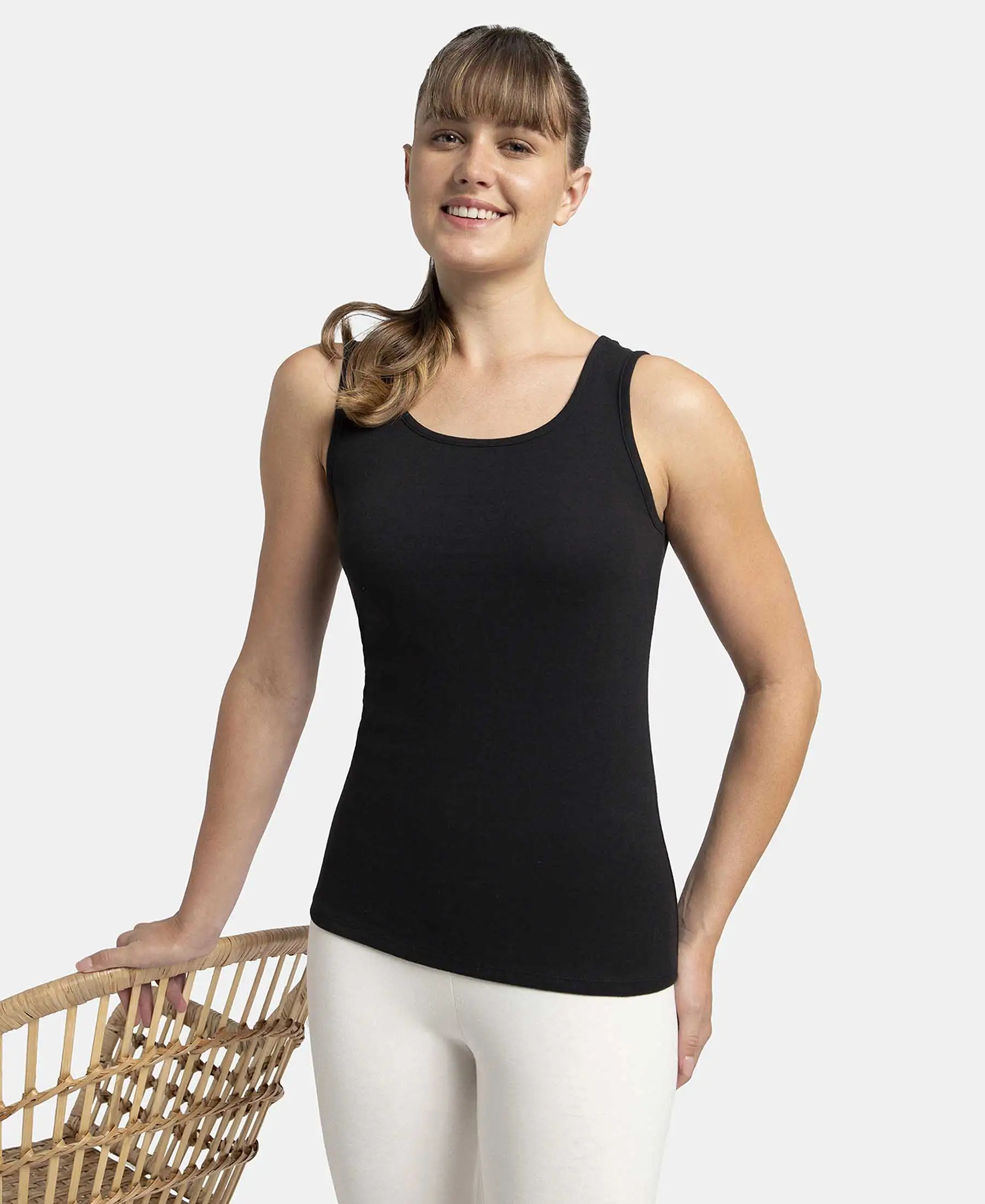 Super Combed Cotton Rib Fabric Slim Fit Solid Tank Top - Black - Image 5
