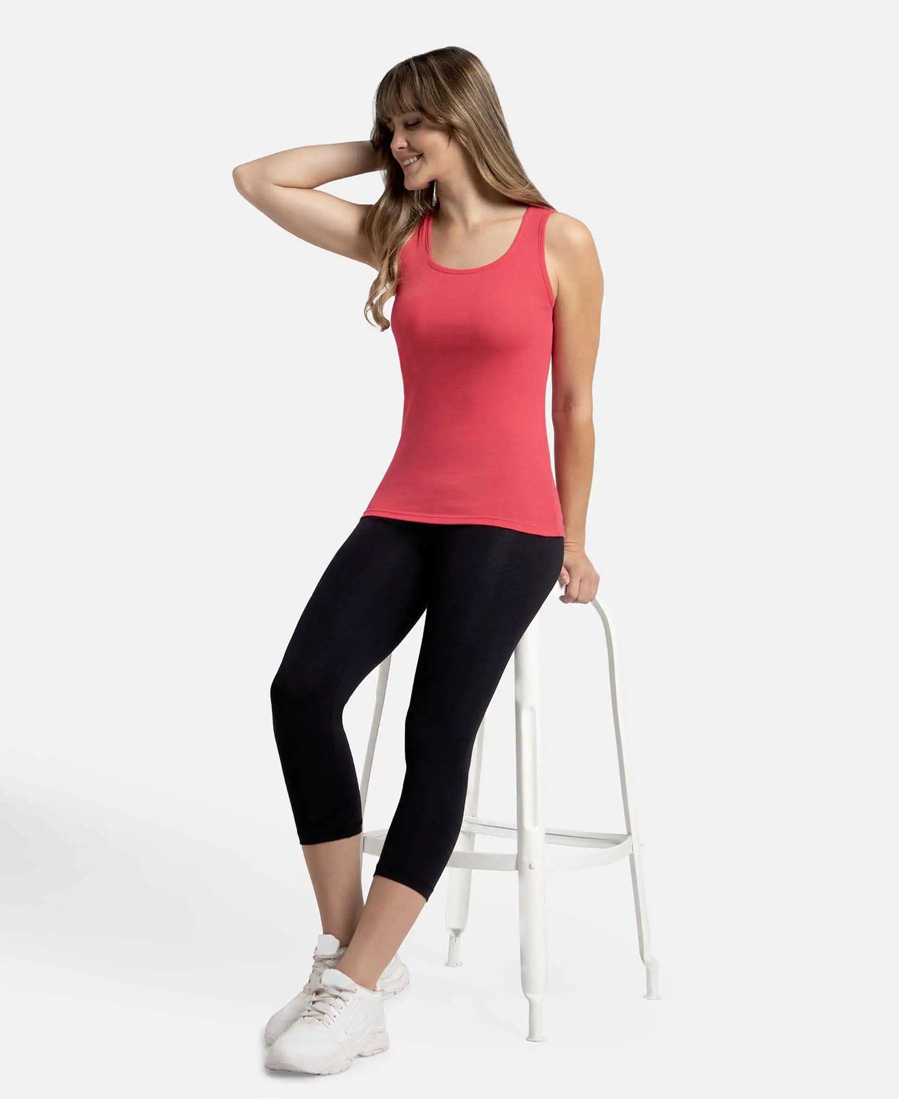 Super Combed Cotton Rib Fabric Slim Fit Solid Tank Top - Ruby - Image 6