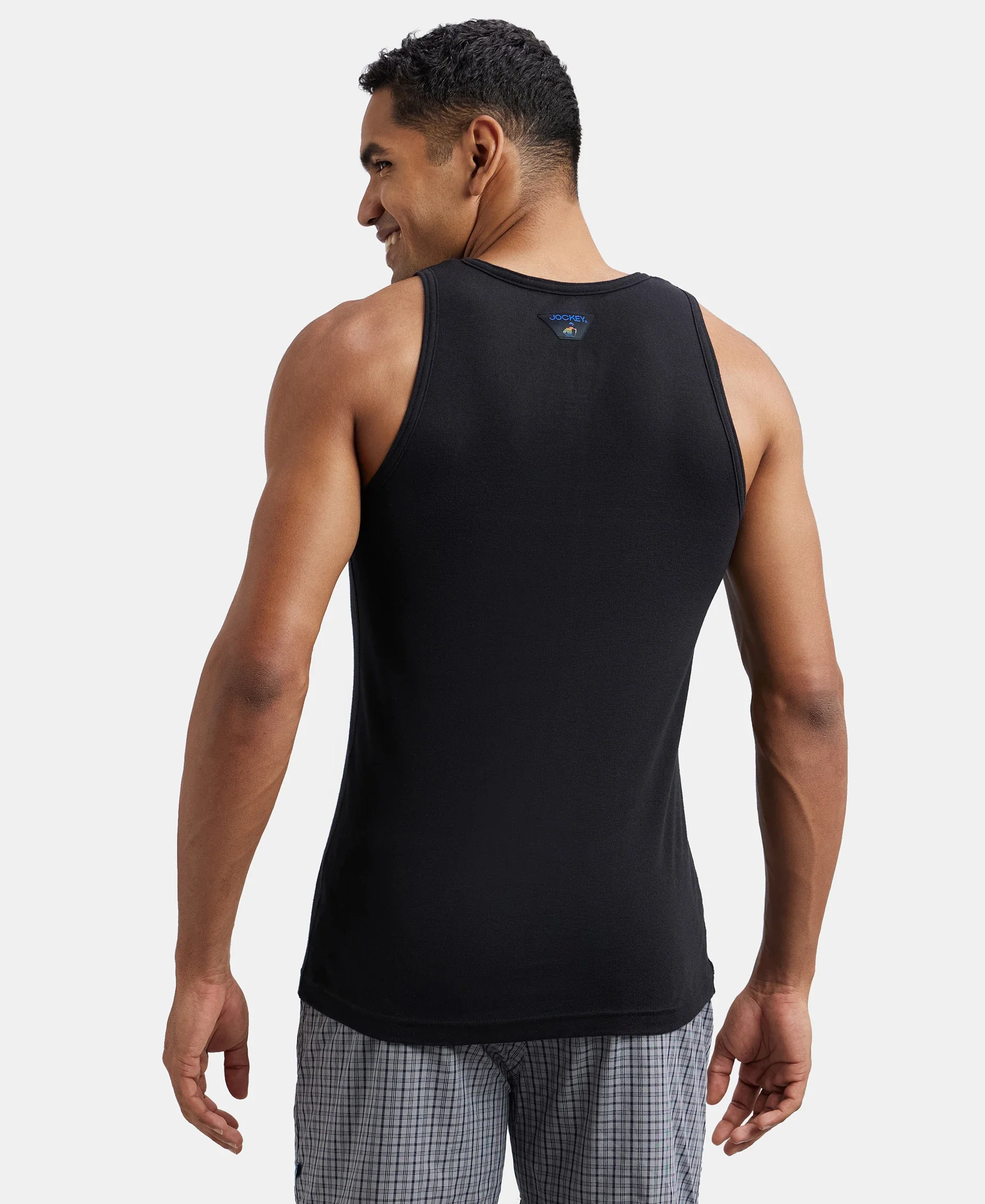 Super Combed Cotton Rib Round Neck Sleeveless Vest - Black & Neon Blue - Image 3