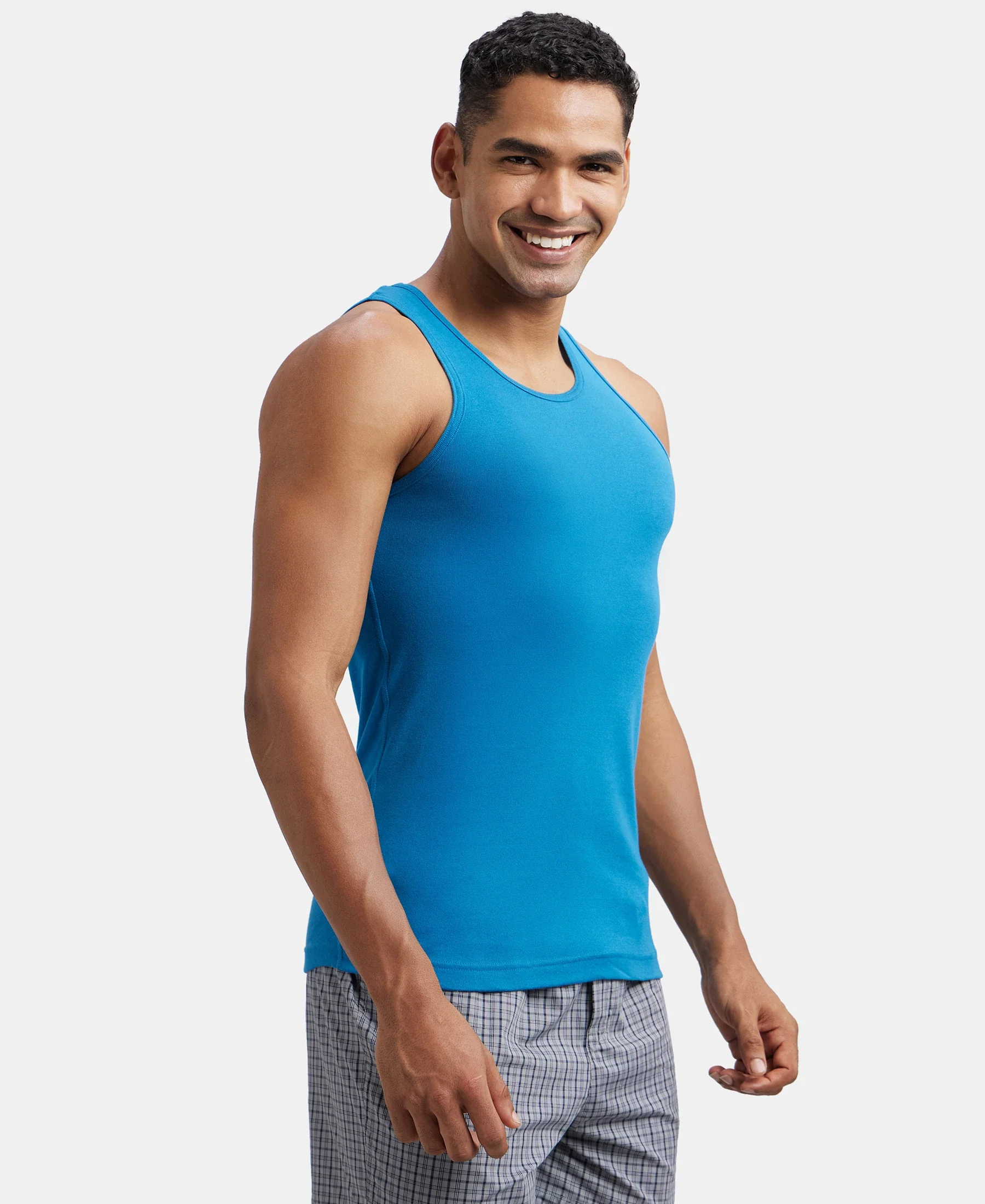Super Combed Cotton Rib Round Neck Sleeveless Vest - Blue Saphire - Image 2