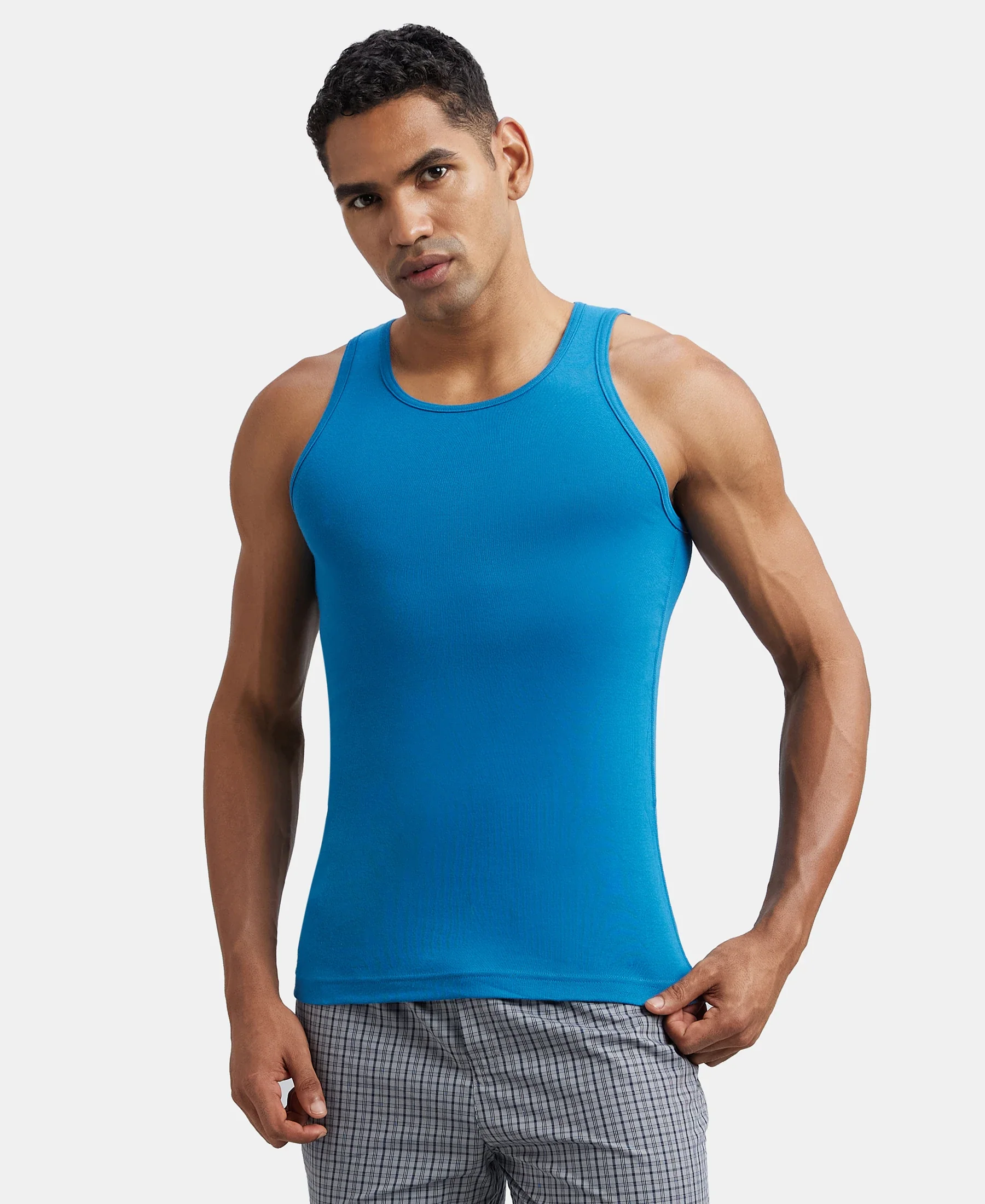 Super Combed Cotton Rib Round Neck Sleeveless Vest - Blue Saphire - Image 5