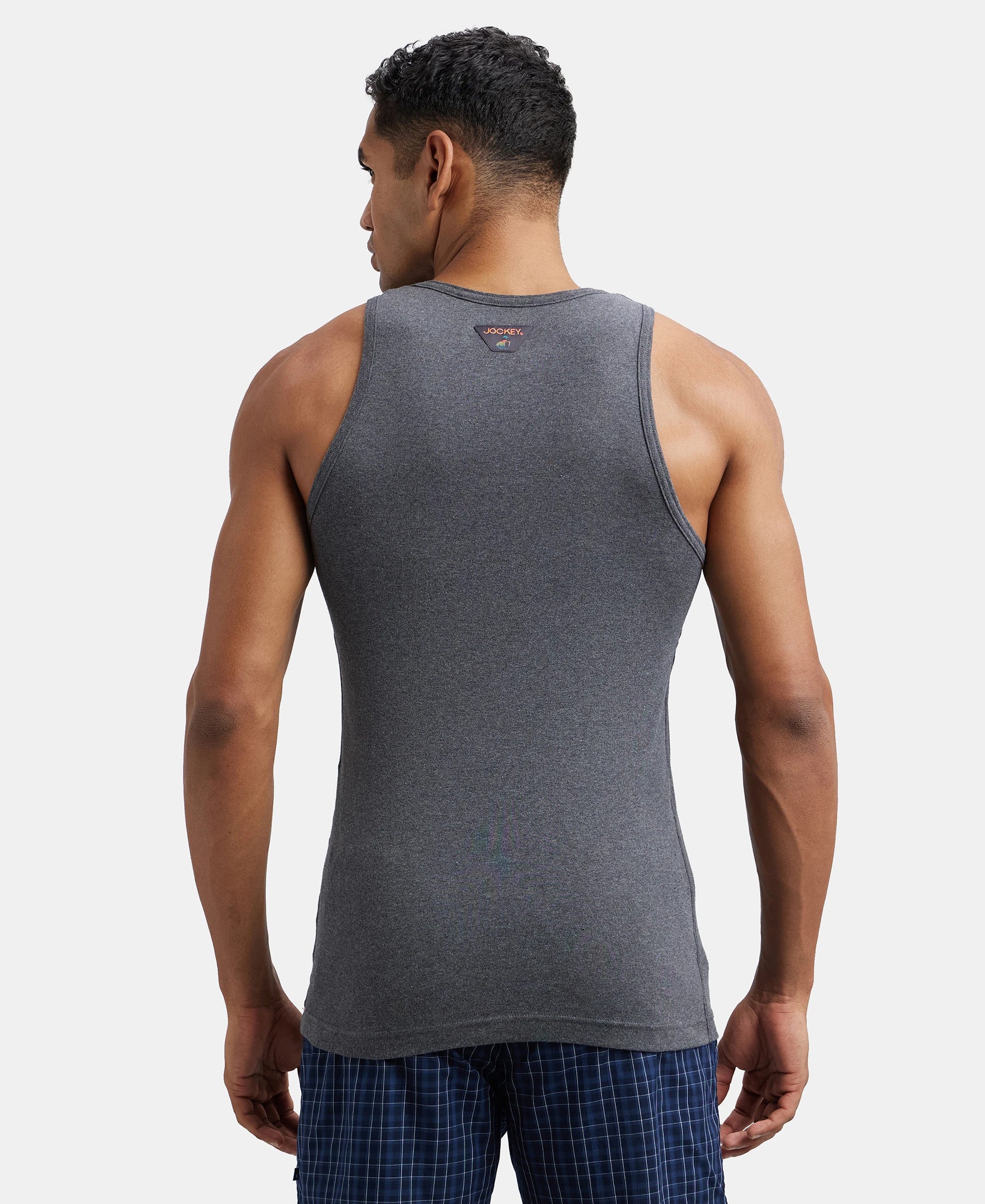 Super Combed Cotton Rib Round Neck Sleeveless Vest - Charcoal Melange & Neon Orange - Image 3