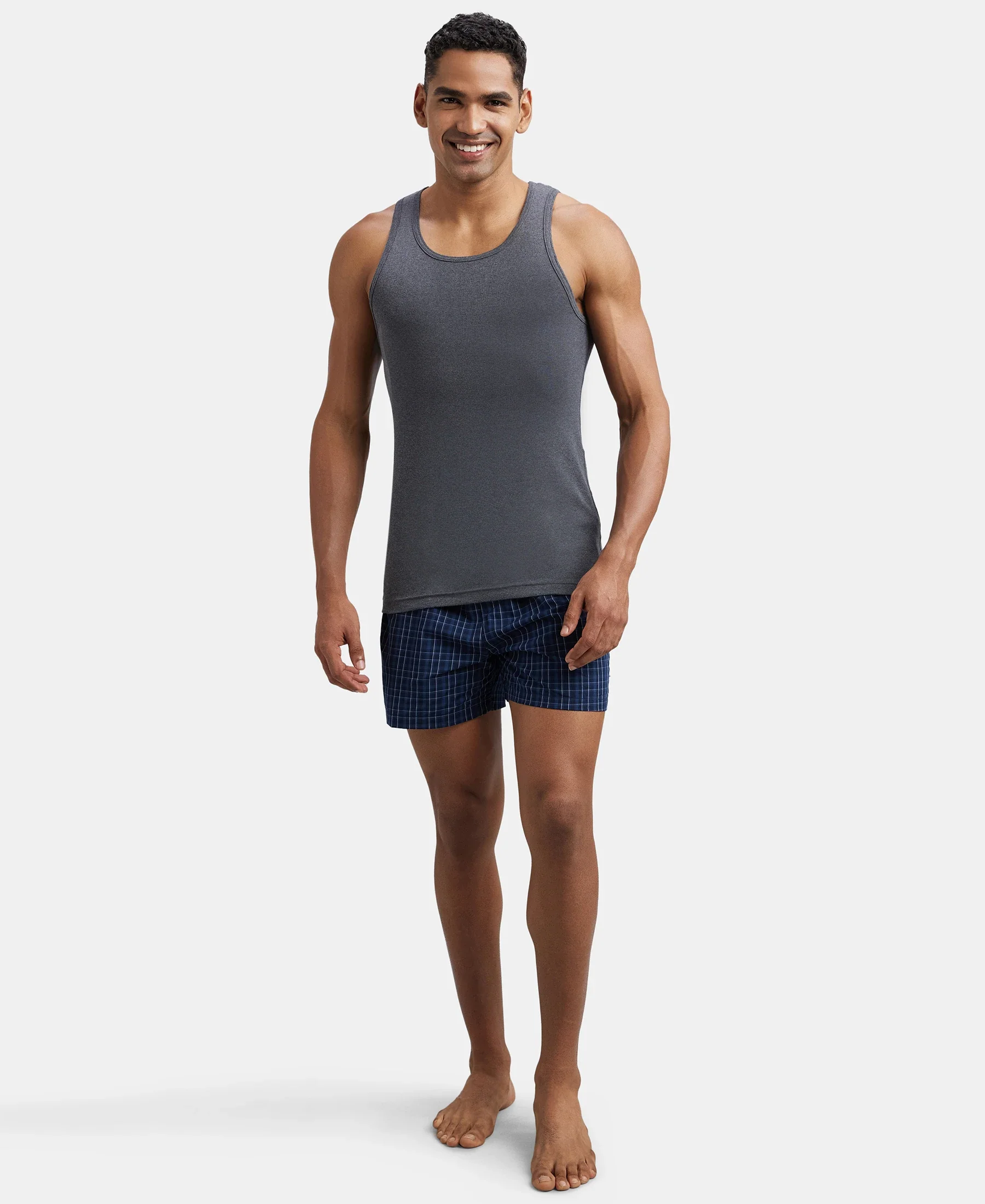 Super Combed Cotton Rib Round Neck Sleeveless Vest - Charcoal Melange & Neon Orange - Image 4
