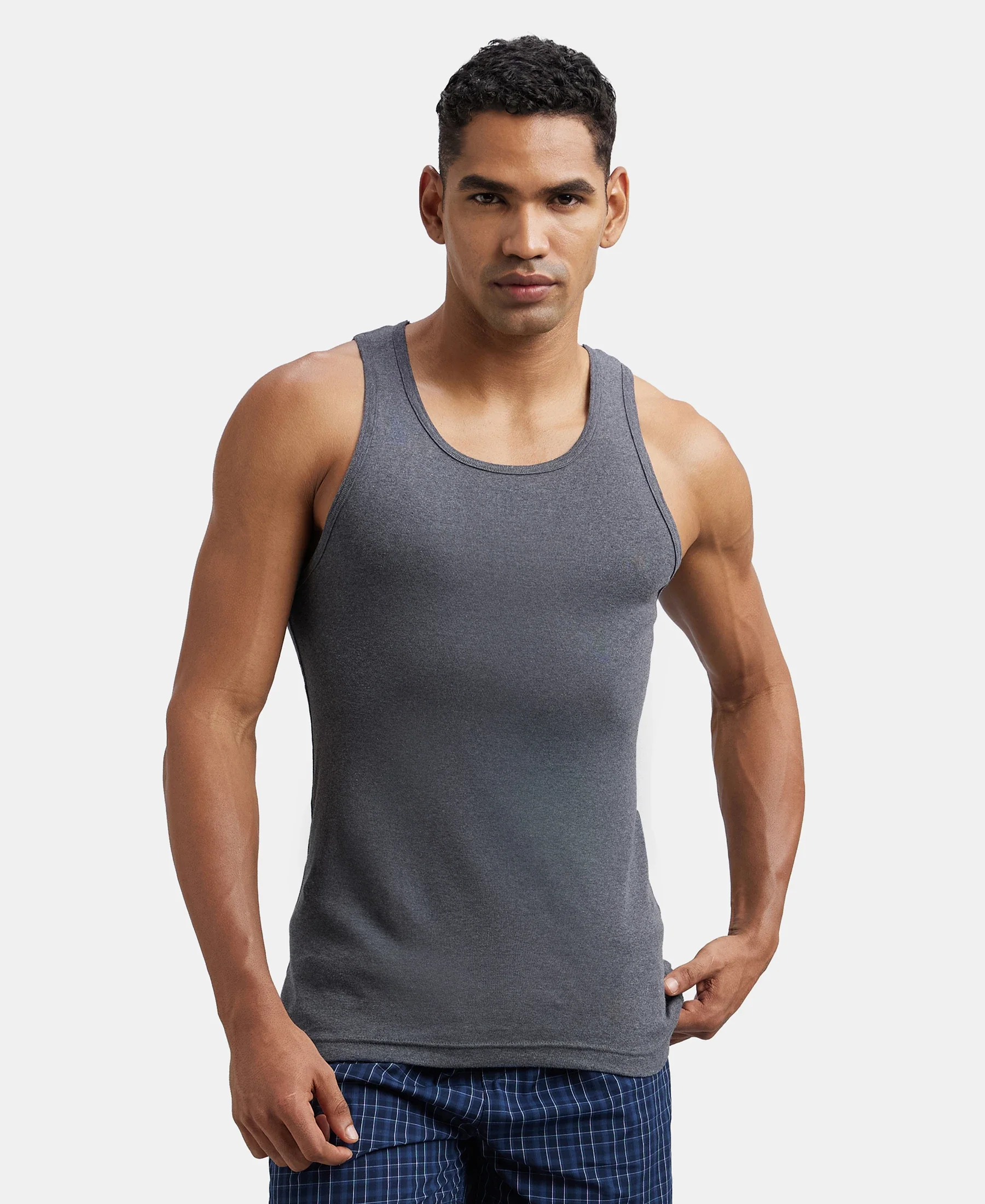 Super Combed Cotton Rib Round Neck Sleeveless Vest - Charcoal Melange & Neon Orange - Image 5