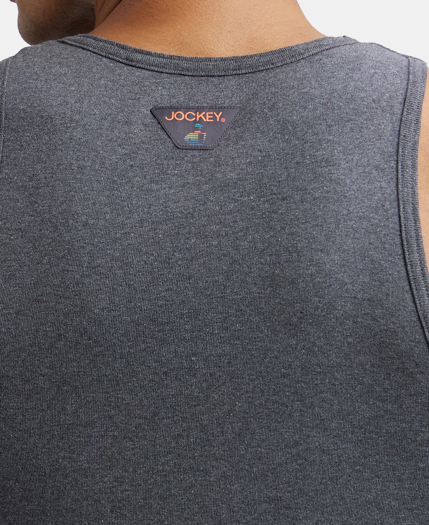 Super Combed Cotton Rib Round Neck Sleeveless Vest - Charcoal Melange & Neon Orange - Image 7