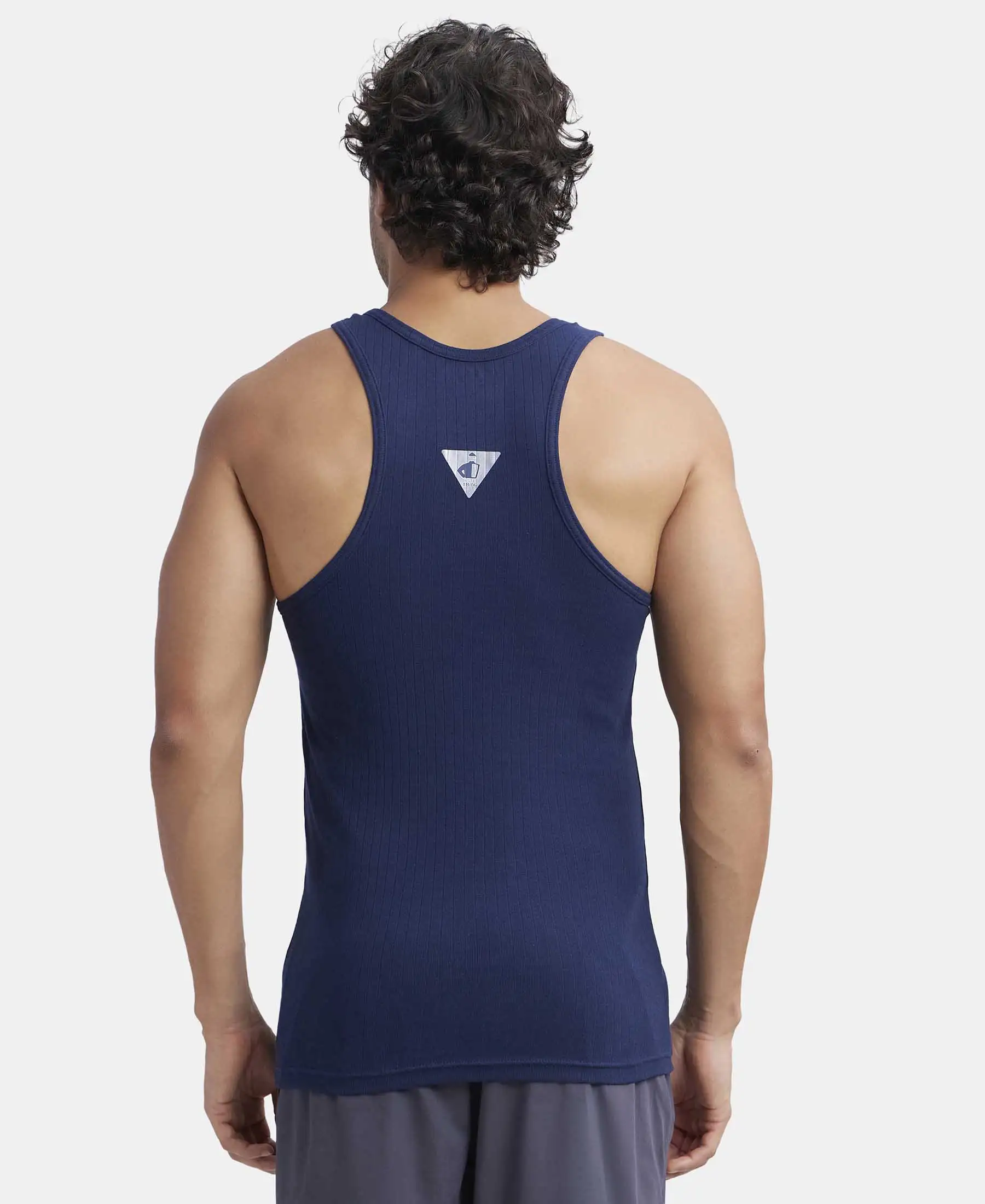Super Combed Cotton Rib Round Neck with Racerback Gym Vest - Navy - Image 3