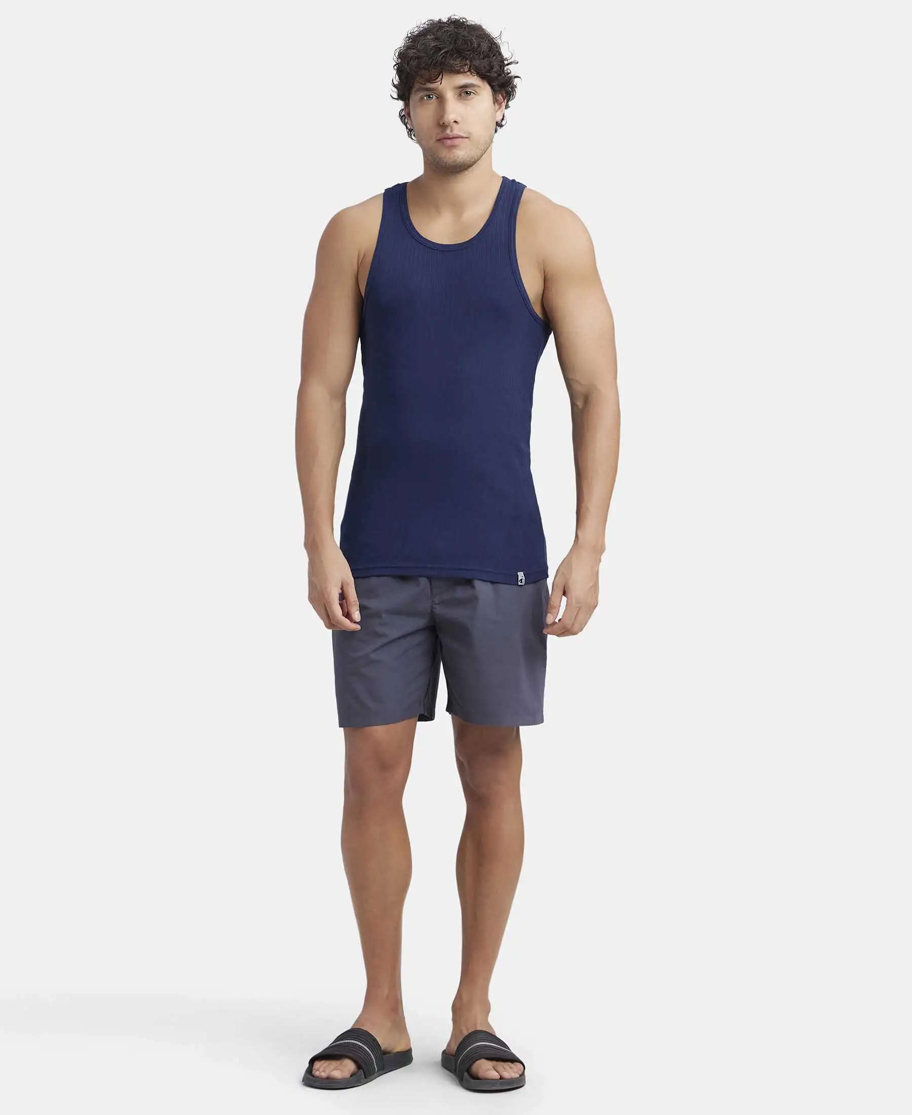 Super Combed Cotton Rib Round Neck with Racerback Gym Vest - Navy - Image 4