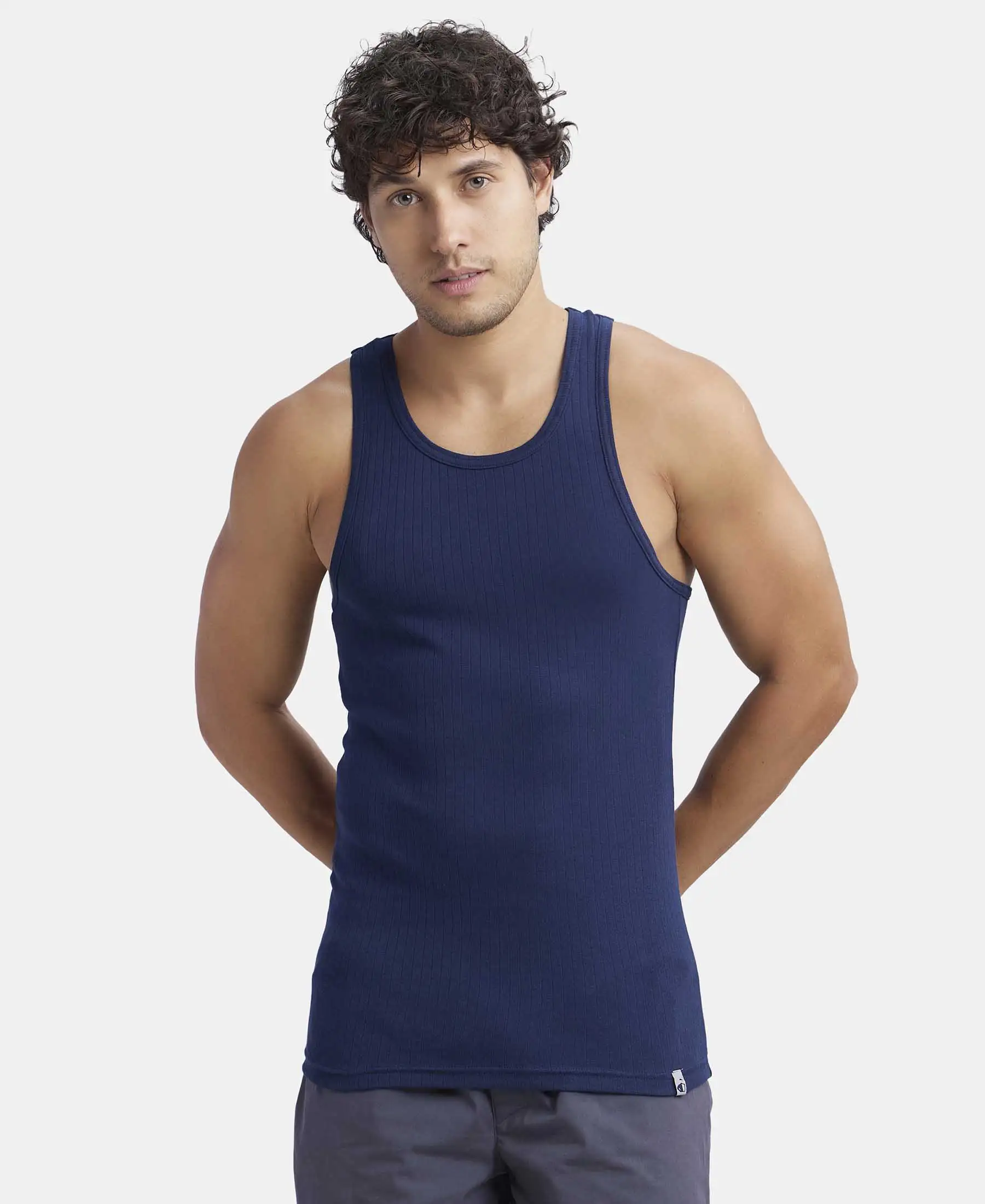 Super Combed Cotton Rib Round Neck with Racerback Gym Vest - Navy - Image 5