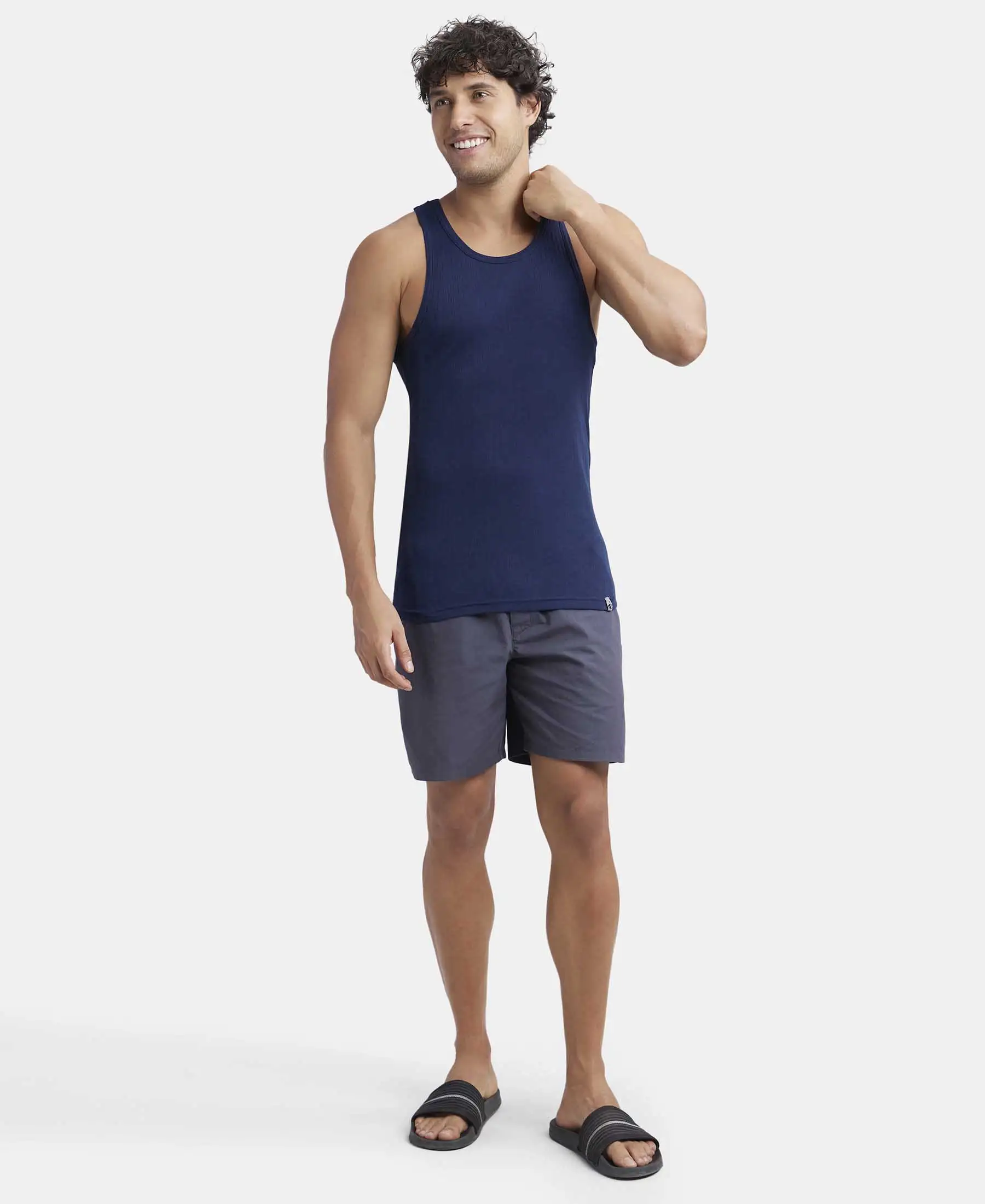 Super Combed Cotton Rib Round Neck with Racerback Gym Vest - Navy - Image 6