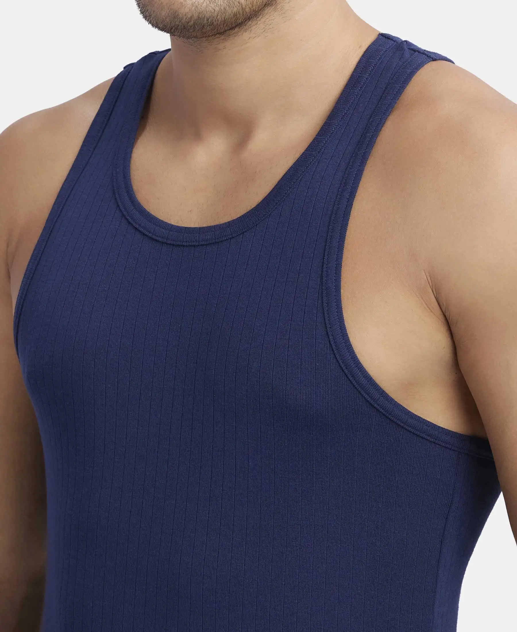 Super Combed Cotton Rib Round Neck with Racerback Gym Vest - Navy - Image 7