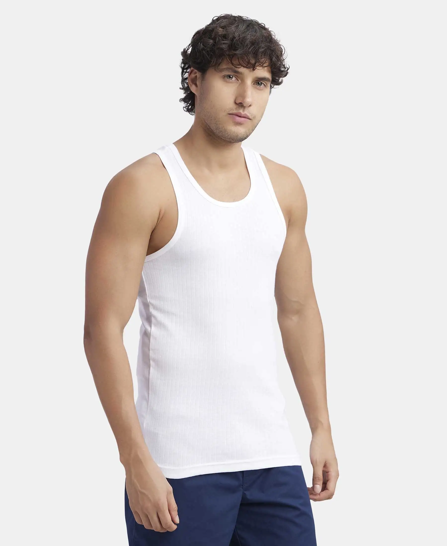 Super Combed Cotton Rib Round Neck with Racerback Gym Vest - White - Image 2