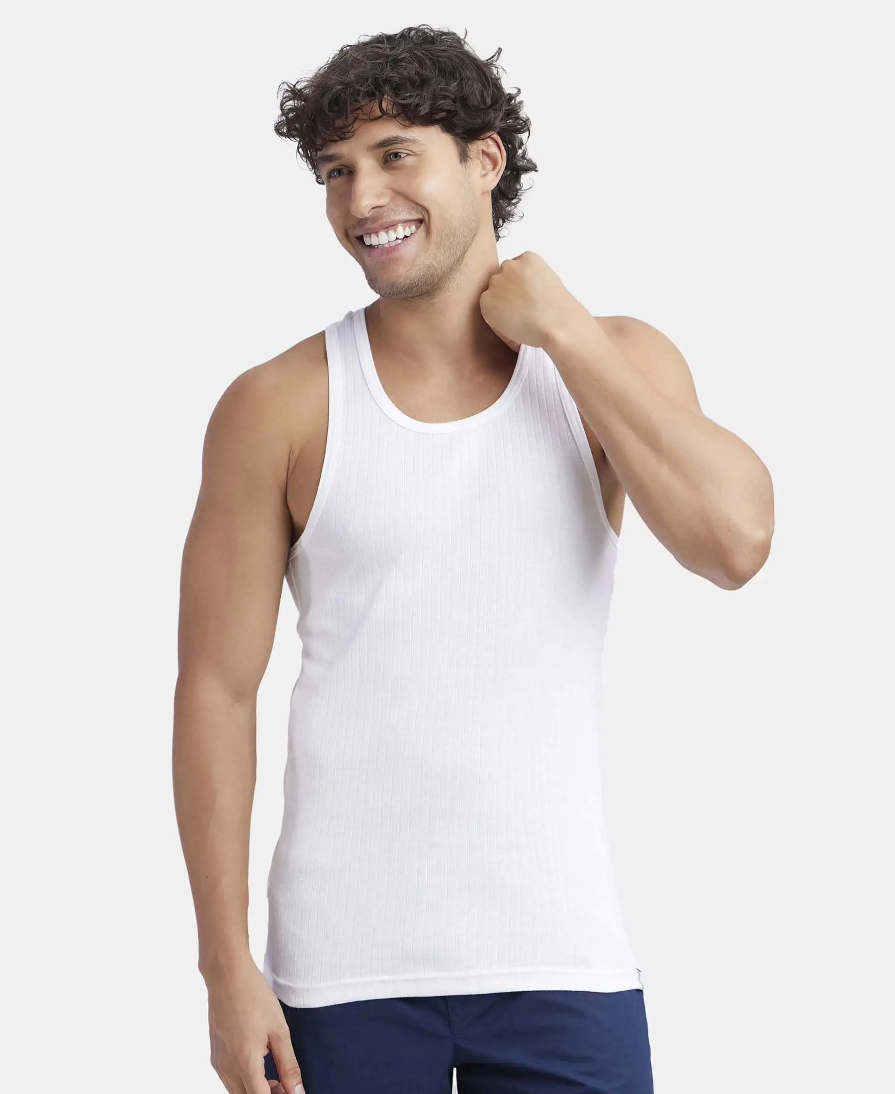 Super Combed Cotton Rib Round Neck with Racerback Gym Vest - White - Image 5